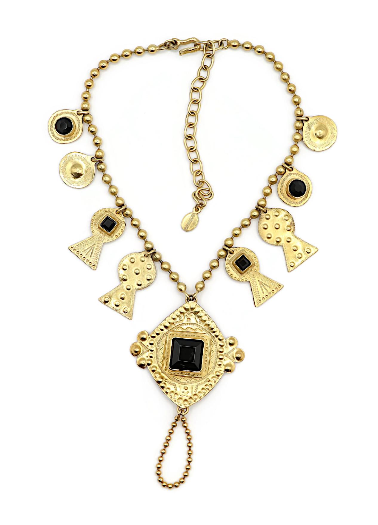JEAN PAUL GAULTIER Vintage Jewelled Gold Tone Ethnic Necklace In Good Condition For Sale In Nice, FR