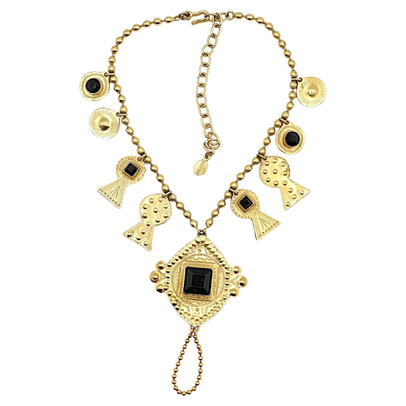 JEAN PAUL GAULTIER Vintage Jewelled Gold Tone Ethnic Necklace For Sale