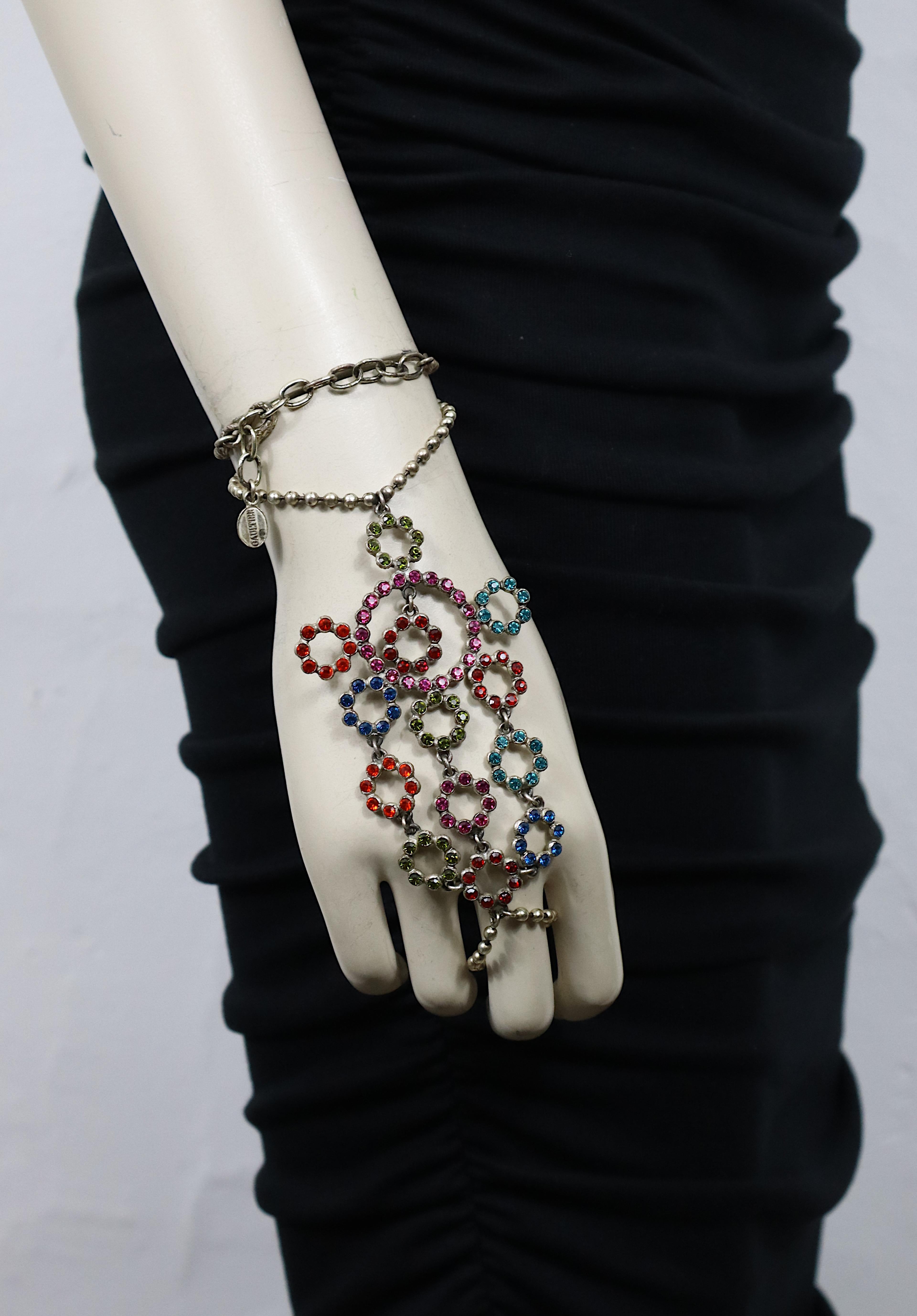 JEAN PAUL GAULTIER vintage antiqued/oxidized silver tone ball chain ring and bracelet featuring a large multi disc centerpiece embellished with multicolor crystals.

Adjustable wrist chain with hook closure.
Should be wrapped twice around the