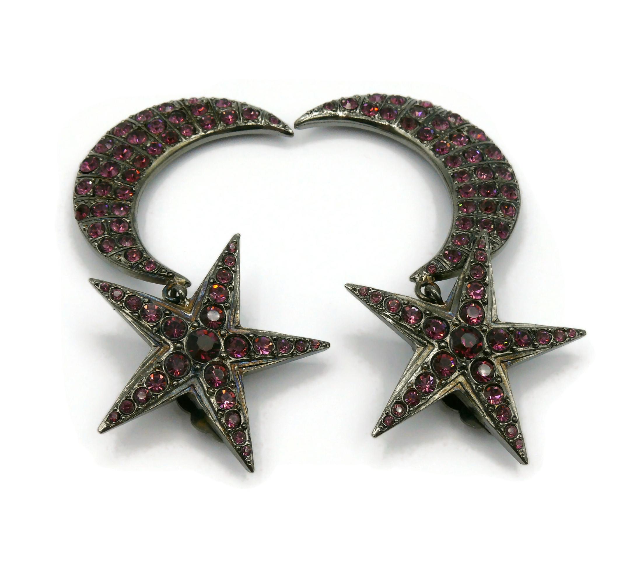 JEAN PAUL GAULTIER Vintage Jewelled Star and Crescent Moon Dangling Earrings In Excellent Condition For Sale In Nice, FR