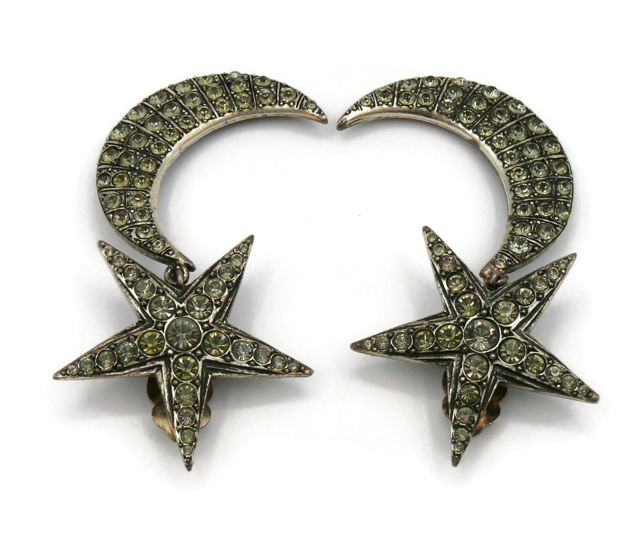 JEAN PAUL GAULTIER Vintage Jewelled Star and Crescent Moon Dangling Earrings In Good Condition For Sale In Nice, FR