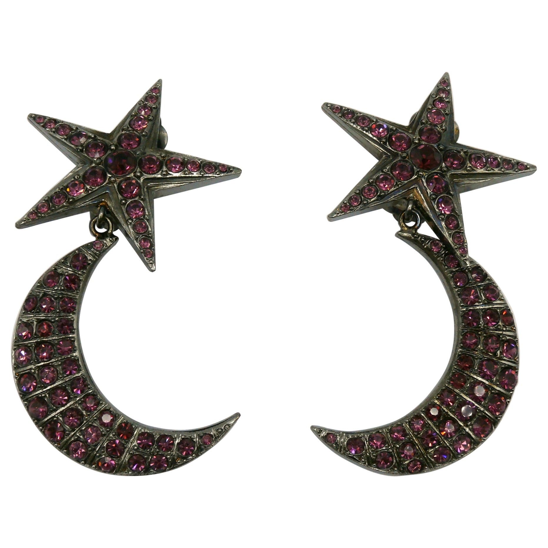 JEAN PAUL GAULTIER Pendientes colgantes vintage de estrella y luna creciente enjoyados