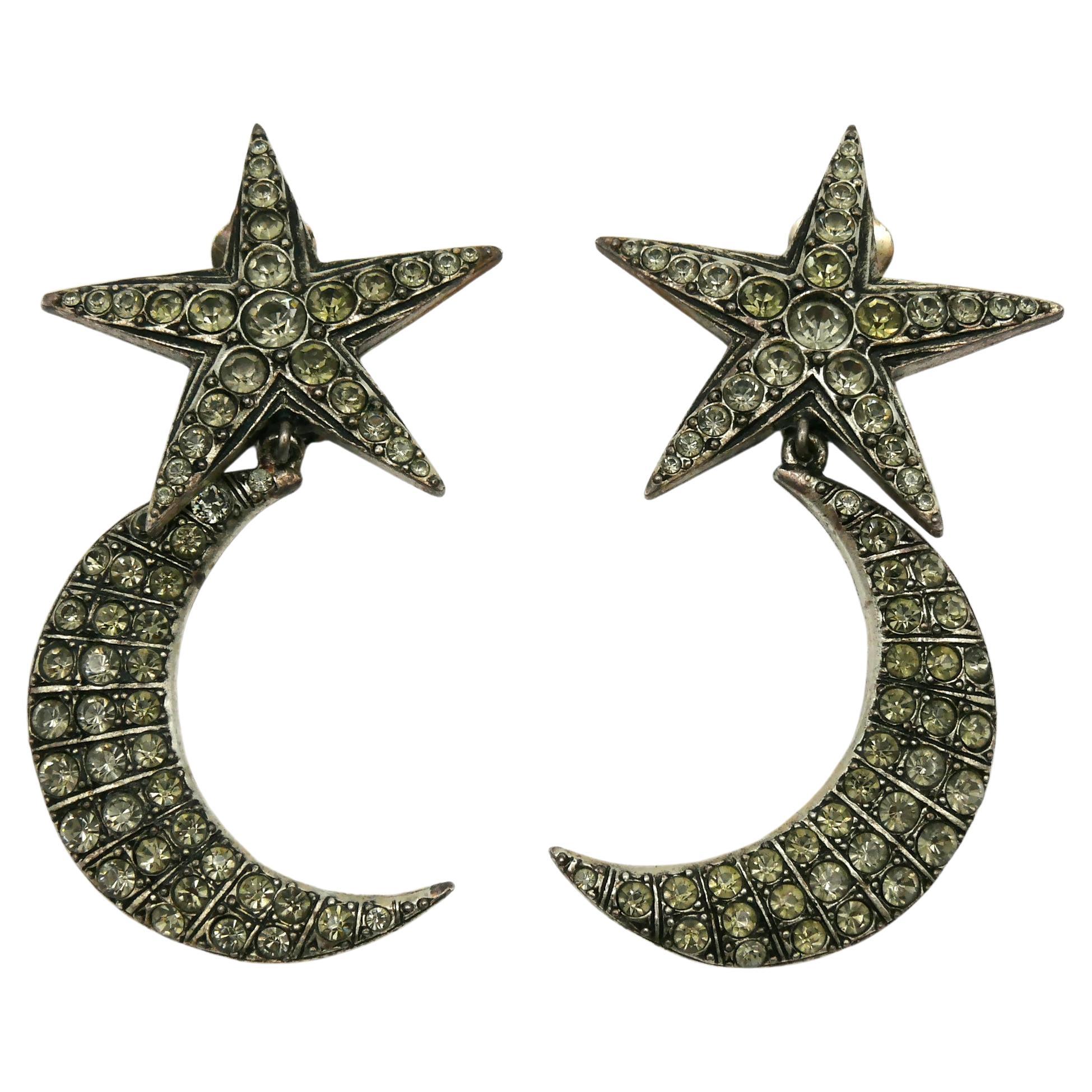 JEAN PAUL GAULTIER Vintage Jewelled Star and Crescent Moon Dangling Earrings For Sale