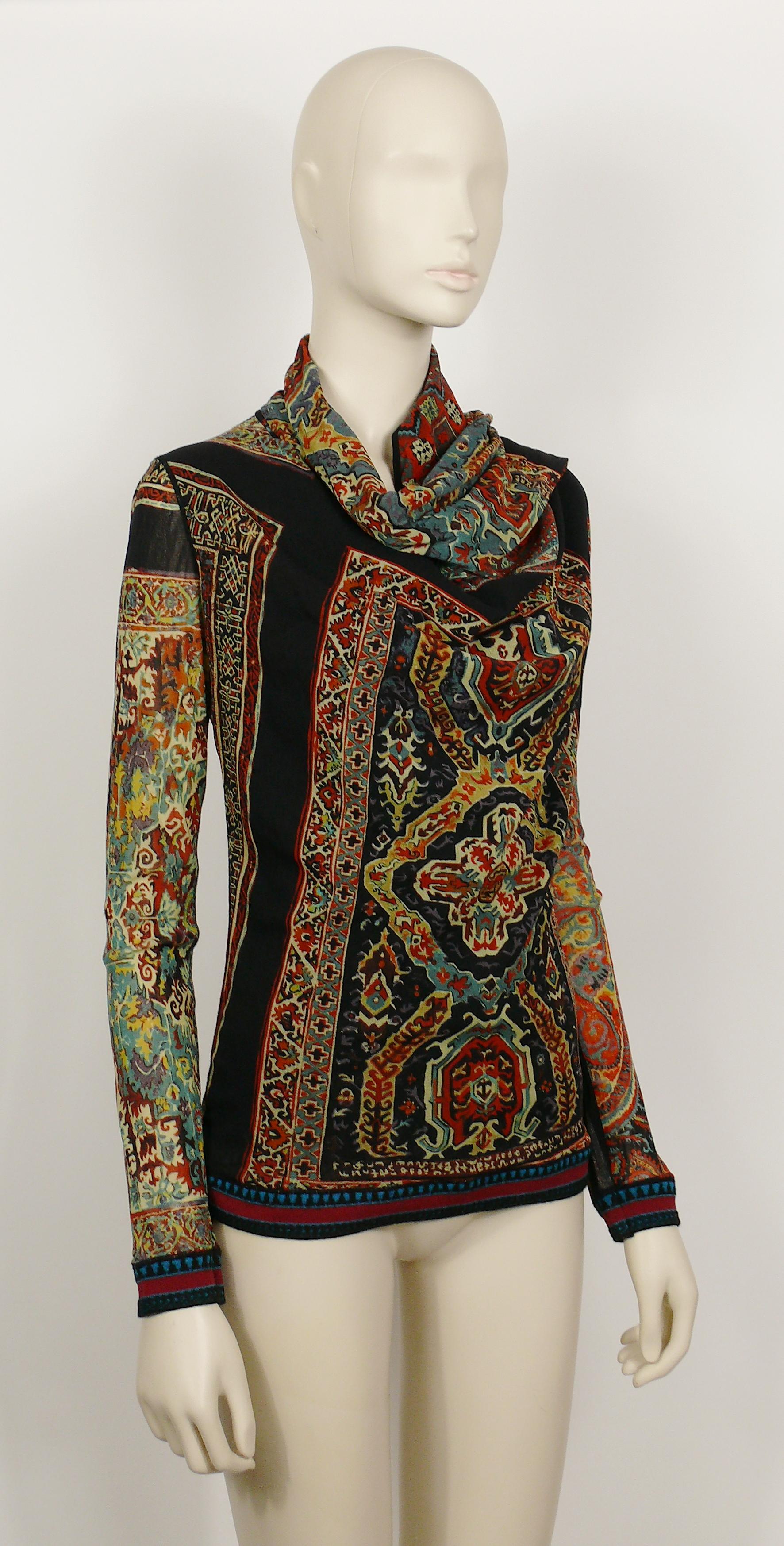 JEAN PAUL GAULTIER vintage scarf collar mesh top featuring a multicolor kilim print.

This top features a scarf collar (with attached scarf - see photo 7), a black mesh lining on front and back (the sleeves are sheer) and knitted trims on cuffs and