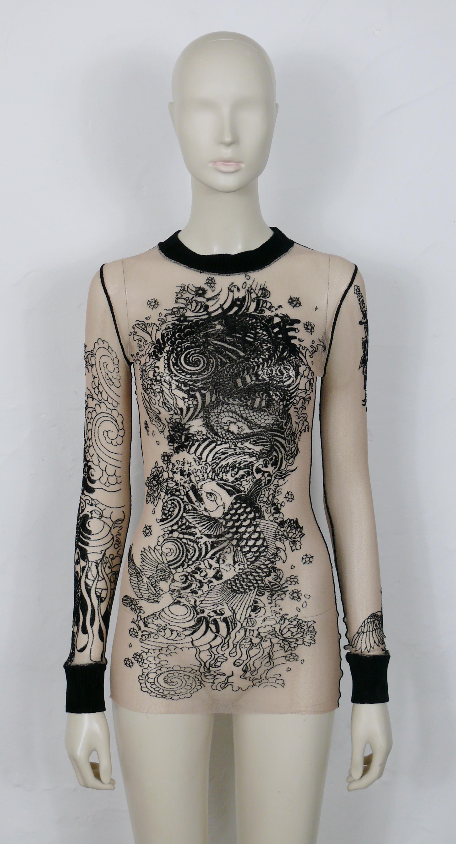 Jean Paul Gaultier Vintage Koi Tattoo Flesh-Coloured Sheer Mesh Top Größe XS (Grau) im Angebot