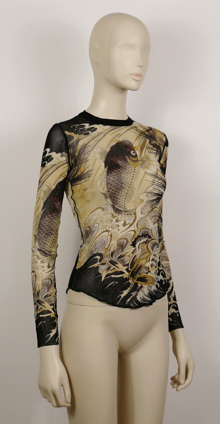 GAULTIER 1990s marble print mesh tattoo top