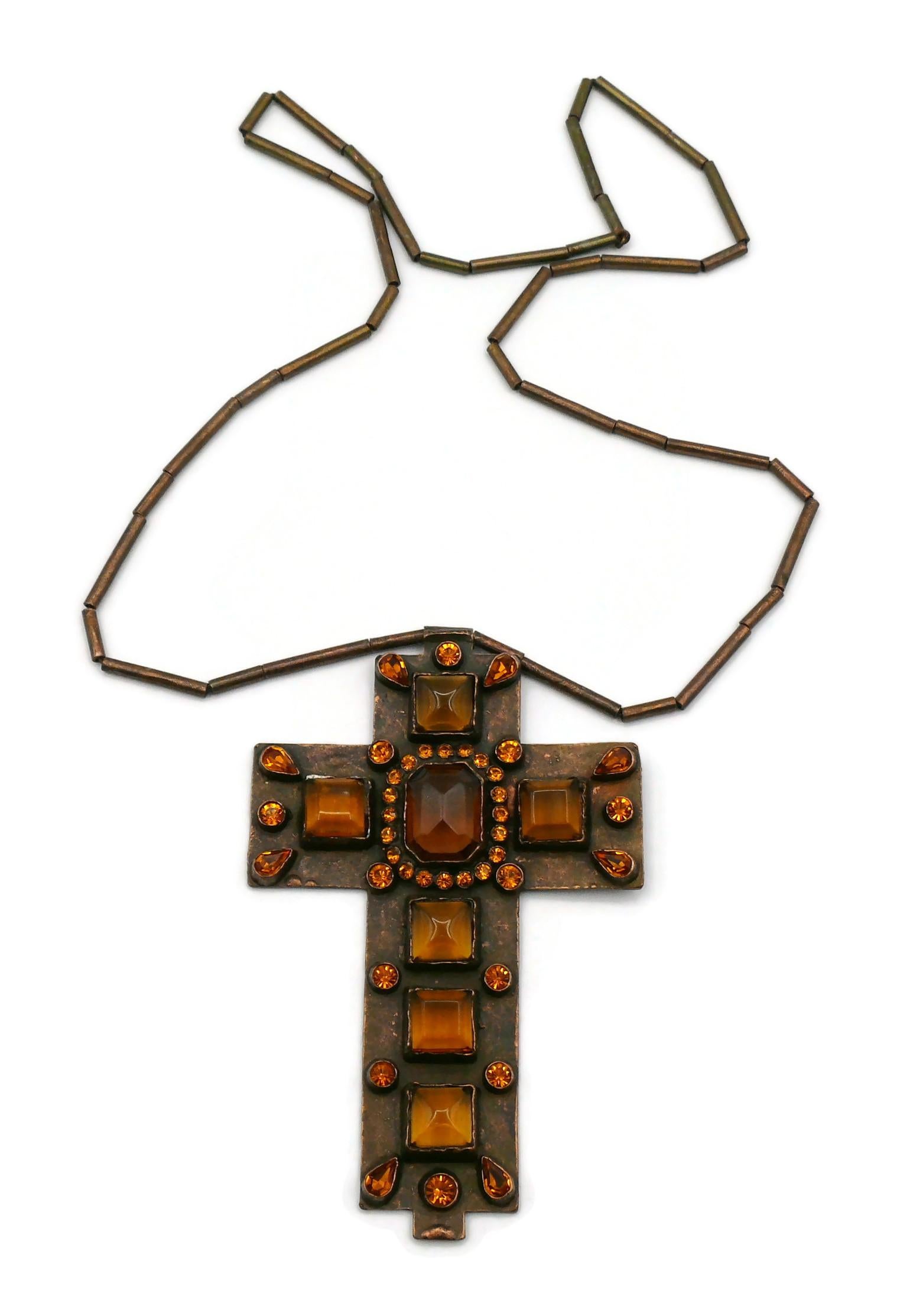 JEAN PAUL GAULTIER Vintage Massive Jewelled Medieval Cross Pendant Necklace In Good Condition For Sale In Nice, FR