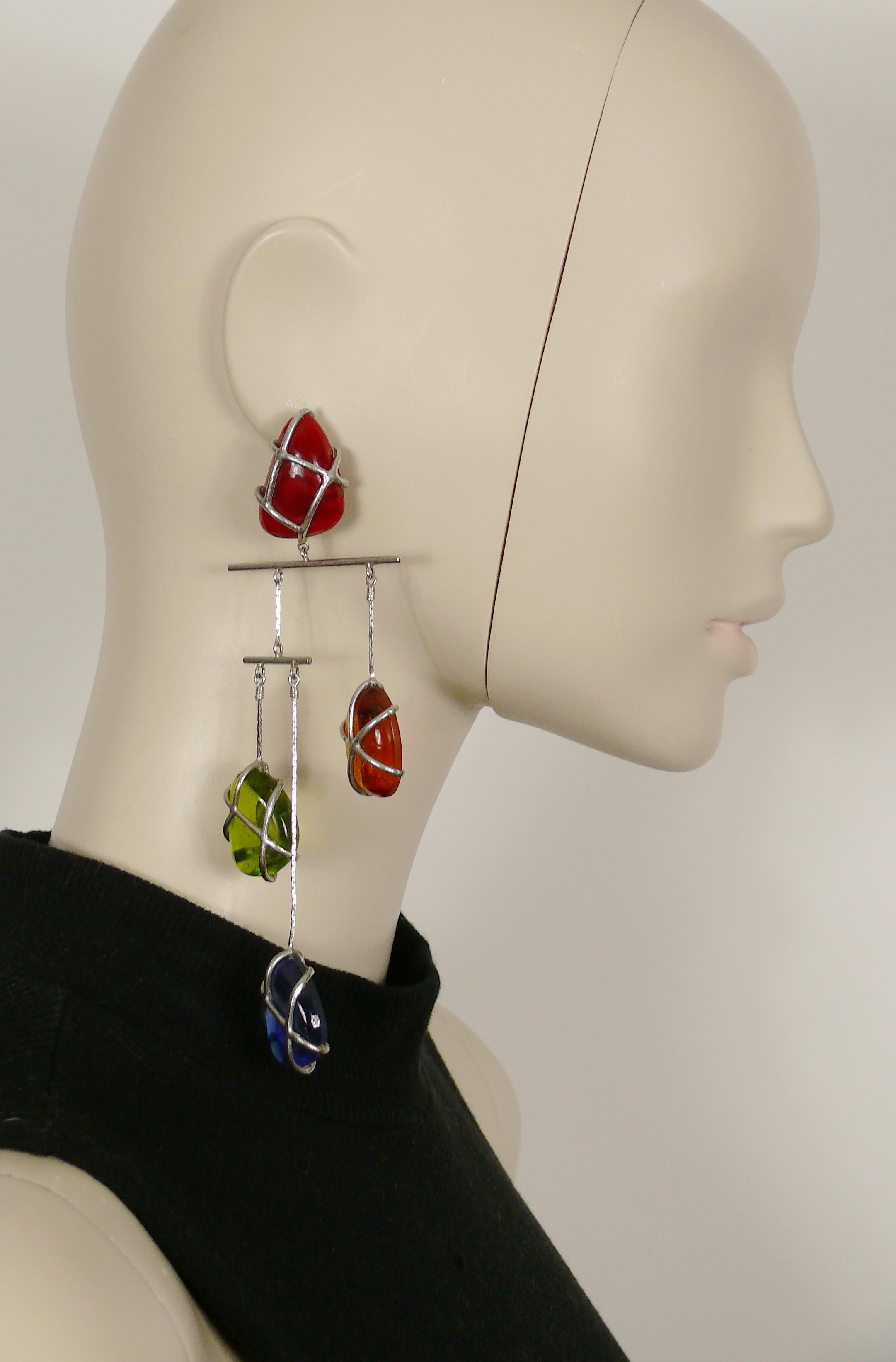 JEAN PAUL GAULTIER vintage rare massive silver toned mobile kinetic dangling earrings (clip-on) featuring encaged multicolored glass cabochons.

Silver tone metal hardware.

Marked GAULTIER.

Indicative measurements : max. length approx. 15 cm (5.91