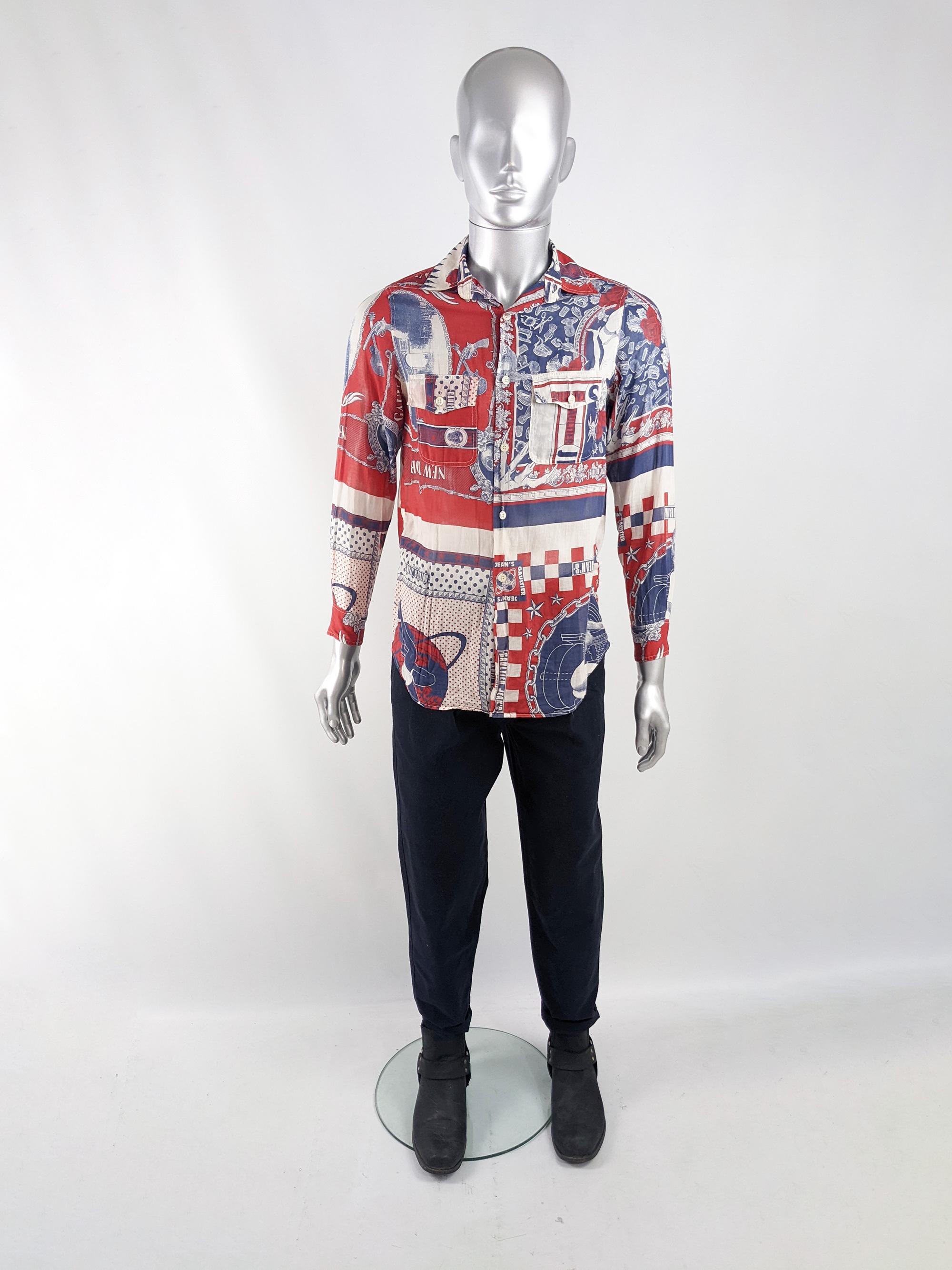 Jean Paul Gaultier Vintage Mens Sheer Cotton Pinup Print Long Sleeve Shirt  1990s