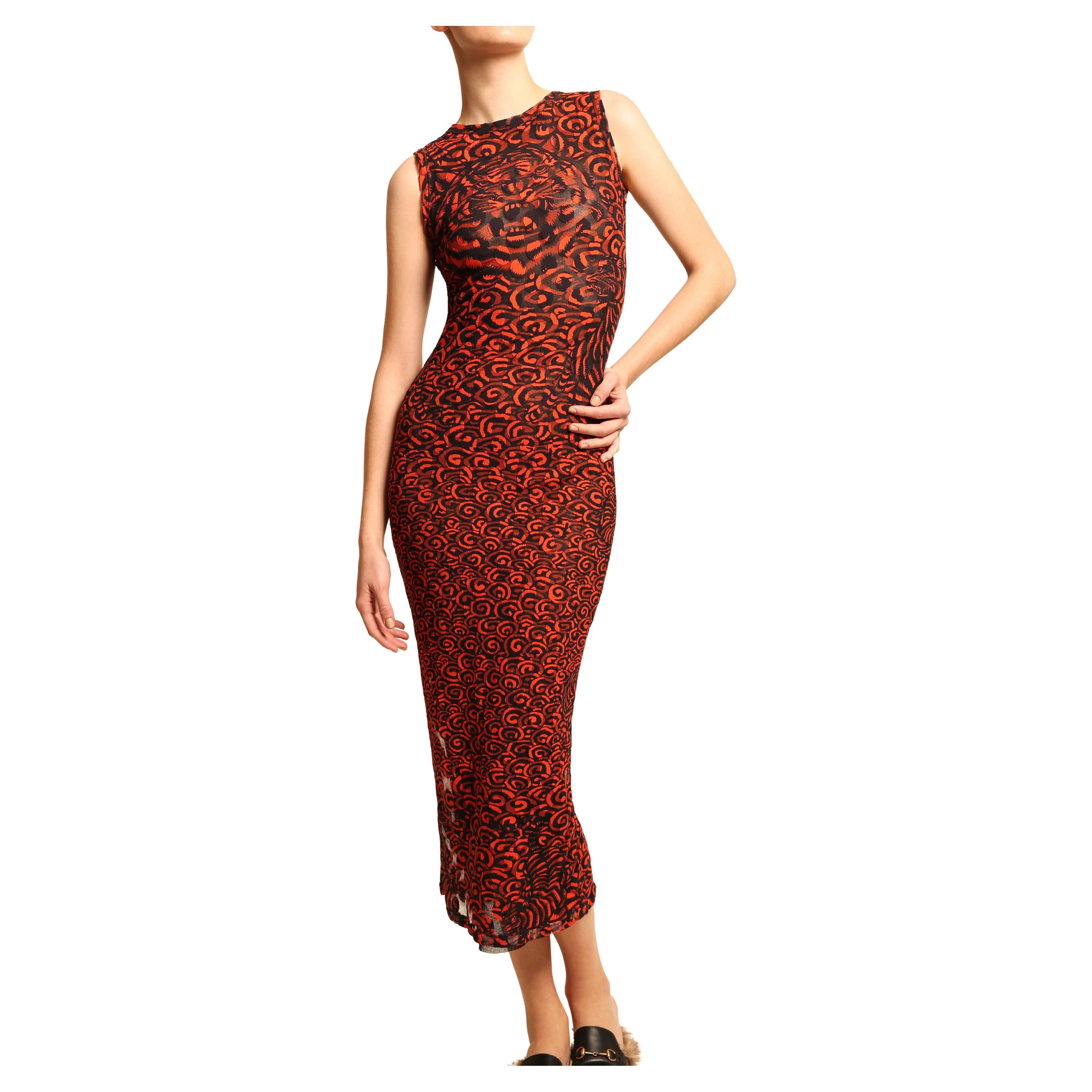 Jean Paul Gaultier vintage mesh sleeveless tiger print red black tank midi dress