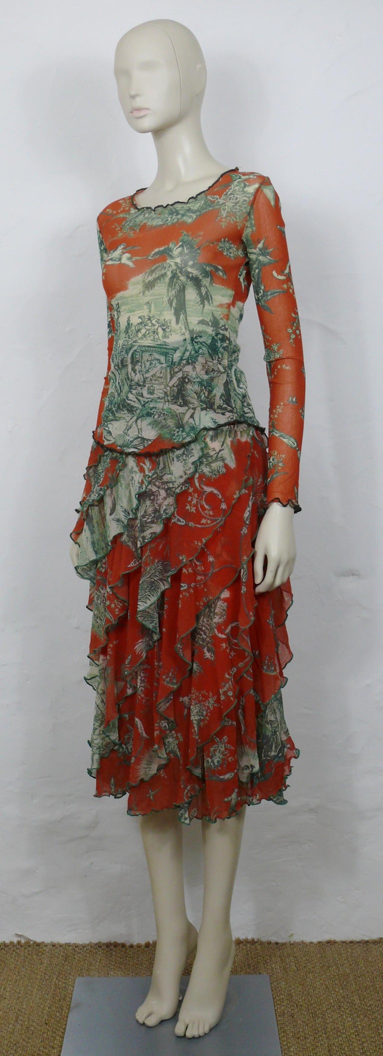Jean Paul Gaultier Vintage Mesh Toile de Jouy Print Top and Skirt Ensemble In Good Condition For Sale In Nice, FR
