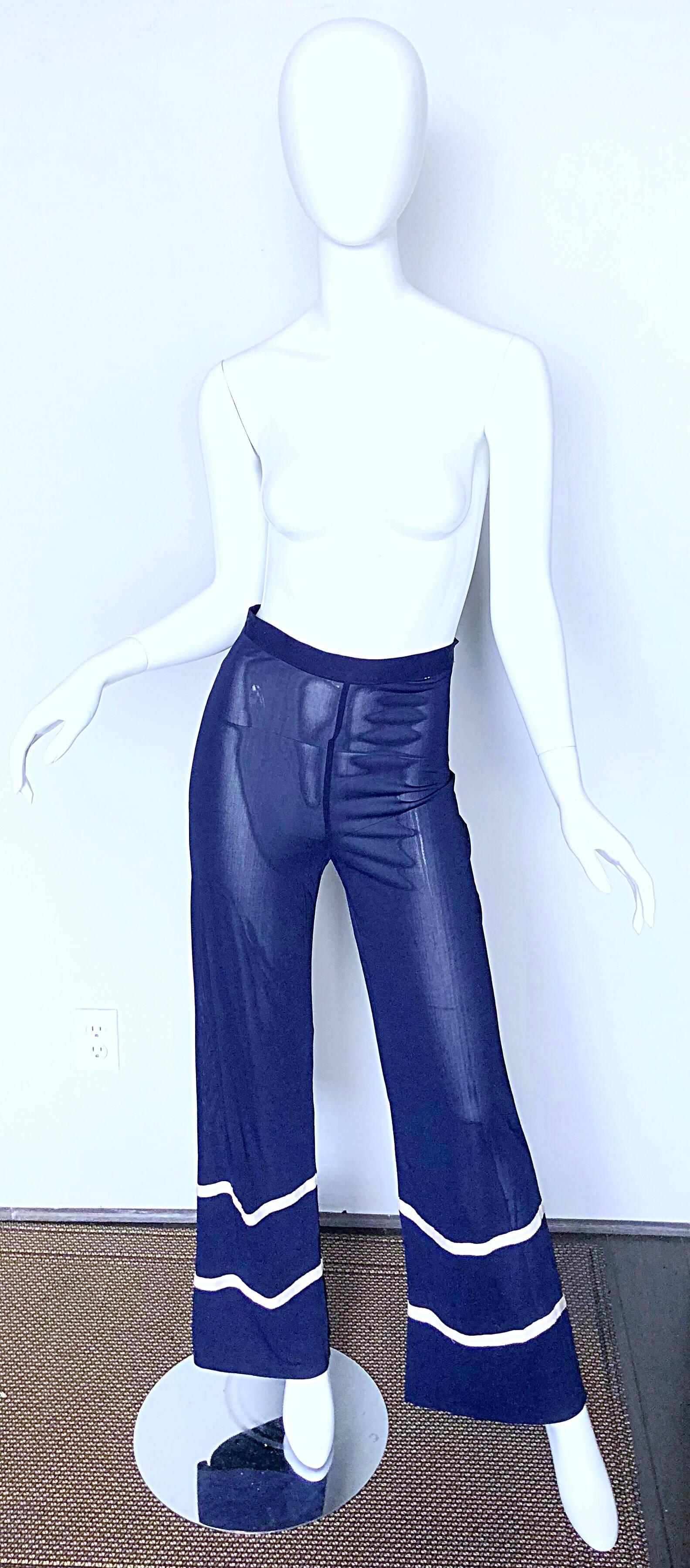 Chic 1990s JEAN PAUL GAULTIER 90s navy blue and white semi sheer rayon jersey nautical wide leg trousers! From the rare Jean Paul Gaultier Classique label. Features a luxurious semi sheer stretch rayon jersey. Two horizontal white ribbons at the