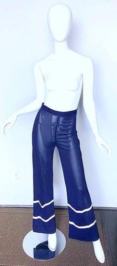 Jean Paul Gaultier Vintage Navy Blue White Semi Sheer Wide Leg Nautical Pants