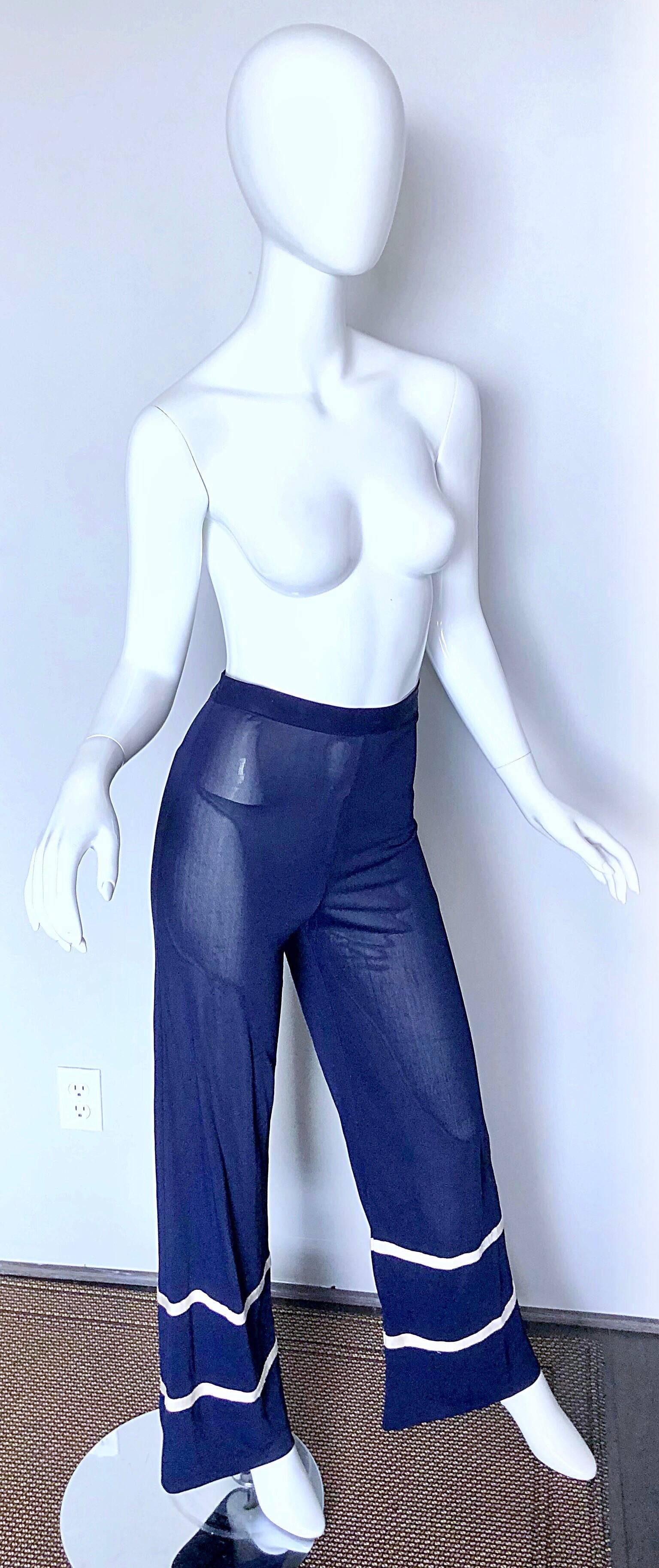 Purple Jean Paul Gaultier Vintage Navy Blue White Semi Sheer Wide Leg Nautical Pants For Sale