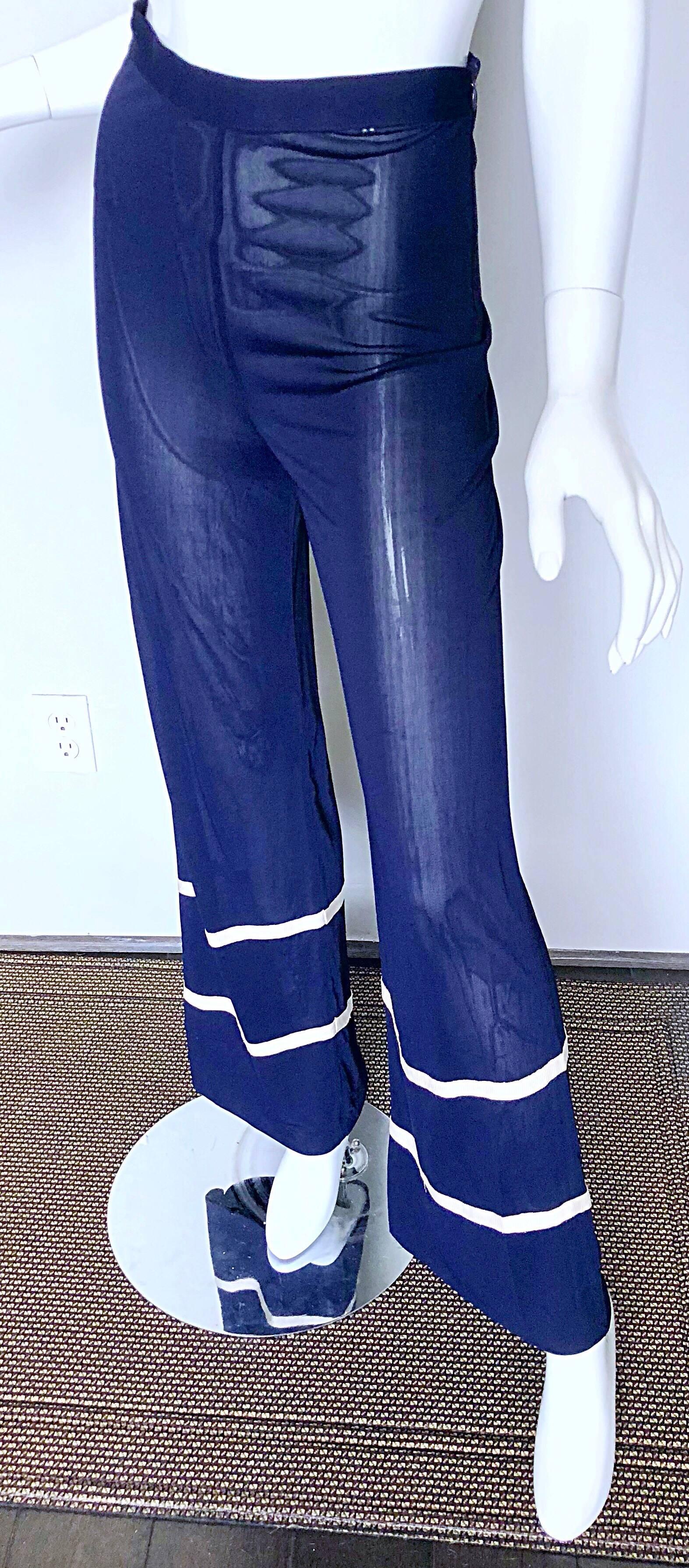 Jean Paul Gaultier Vintage Navy Blue White Semi Sheer Wide Leg Nautical Pants  In Excellent Condition For Sale In San Diego, CA