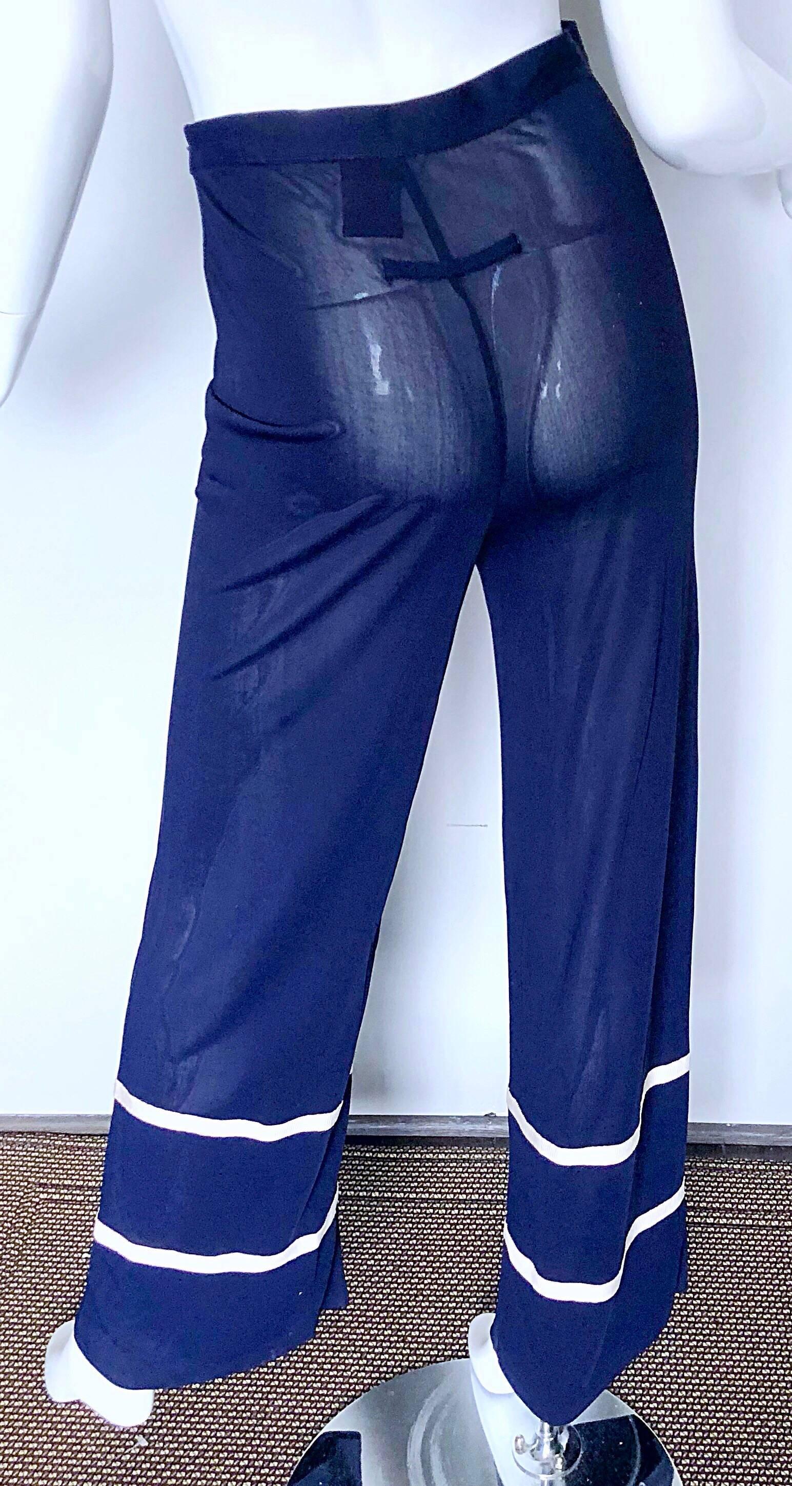 Women's Jean Paul Gaultier Vintage Navy Blue White Semi Sheer Wide Leg Nautical Pants  For Sale