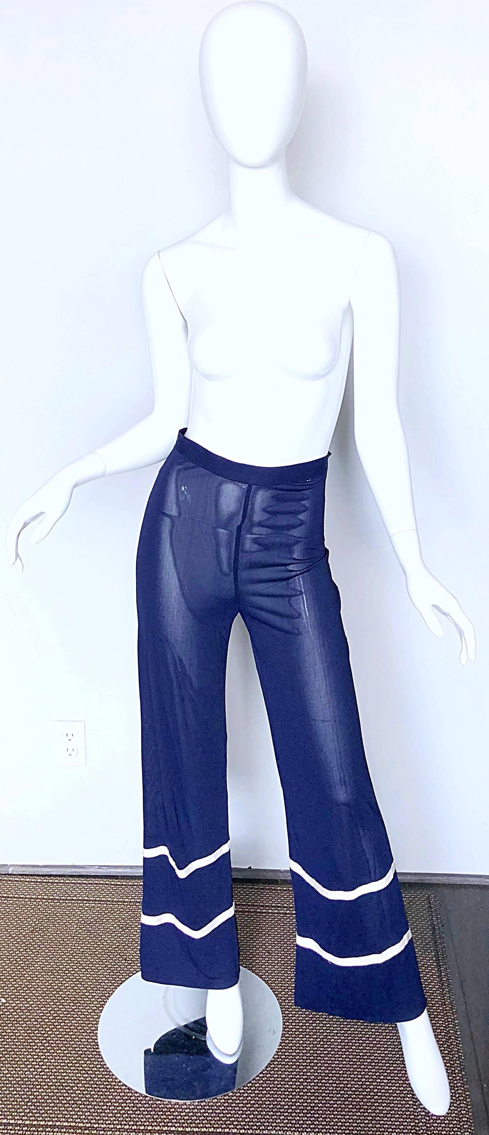 Jean Paul Gaultier Vintage Navy Blue White Semi Sheer Wide Leg Nautical Pants For Sale 1
