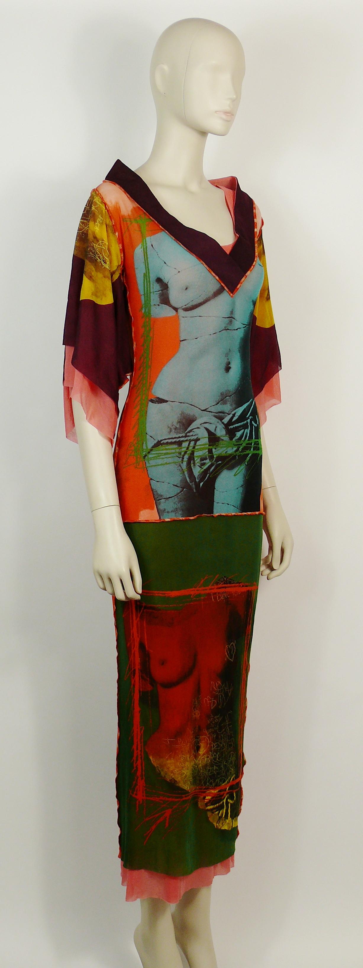 JEAN PAUL GAULTIER vintage sheer mesh dress featuring a gorgeous multicolor nude VENUS godess print and graffitis.

Kimono collar.
Short kimono sleeves.

Slips on.
Matching under dress included (see last photo).

Label reads JEAN PAUL GAULTIER