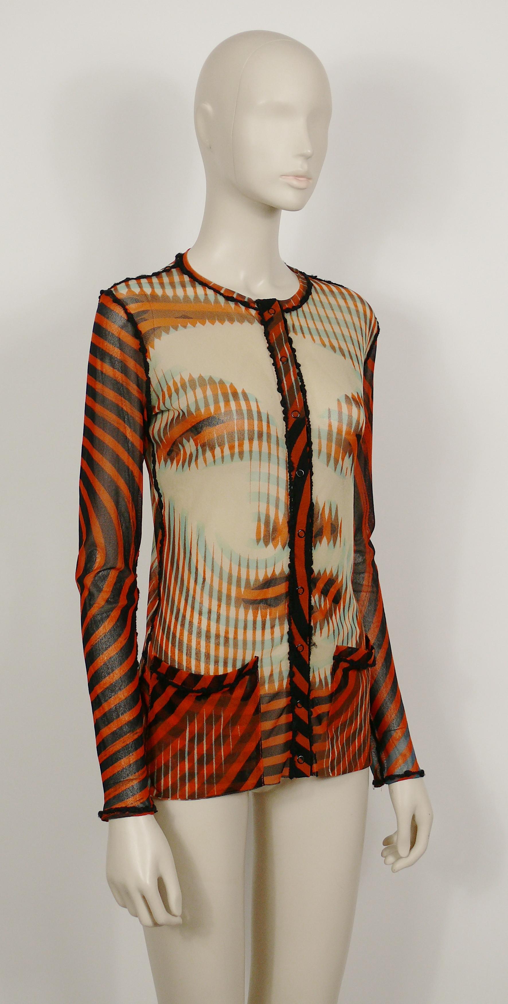 JEAN PAUL GAULTIER vintage sheer mesh cardigan featuring optical illusion MARLENE DIETRICH portraits and kinetic design.

Snap button down closure.
Two pockets.

Label reads JEAN PAUL GAULTIER Maille Femme.
Made in Italy.

Size label reads :