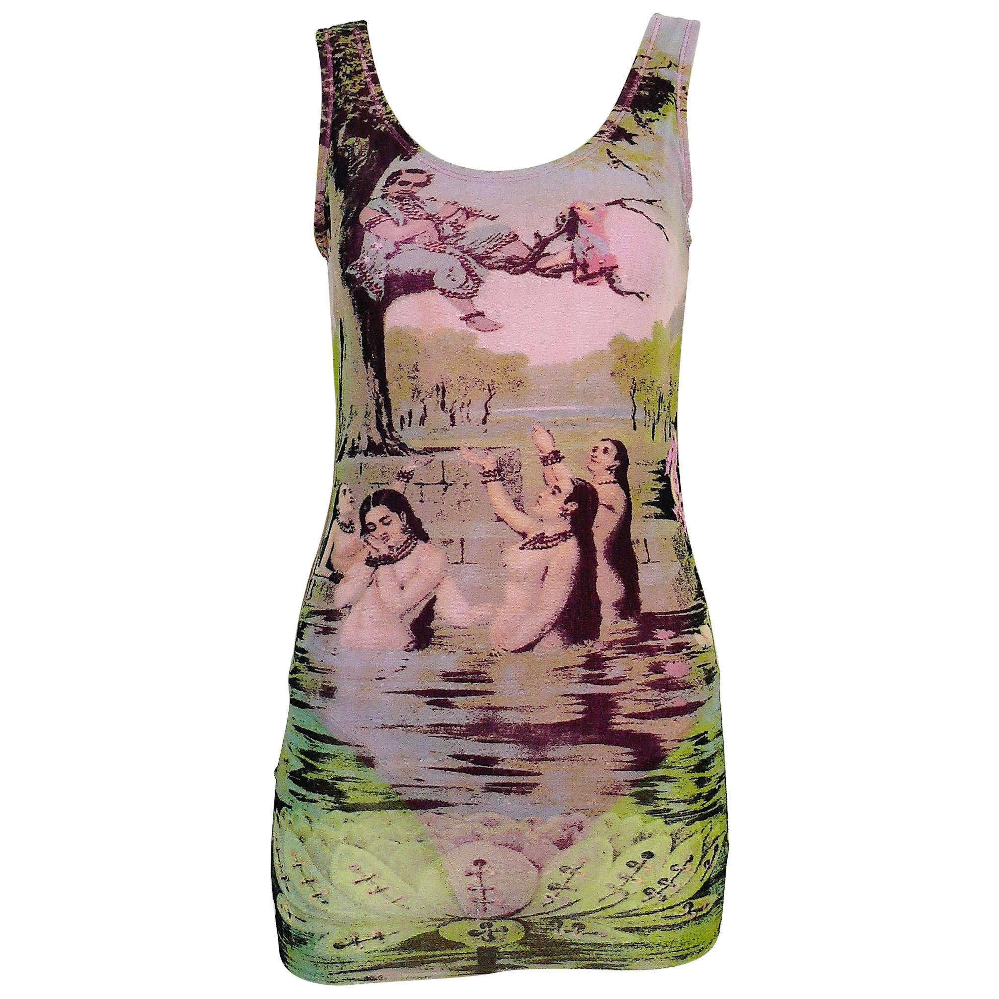 Jean Paul Gaultier Vintage Oriental Bath Print Mesh Tank Micro Mini Dress Size L