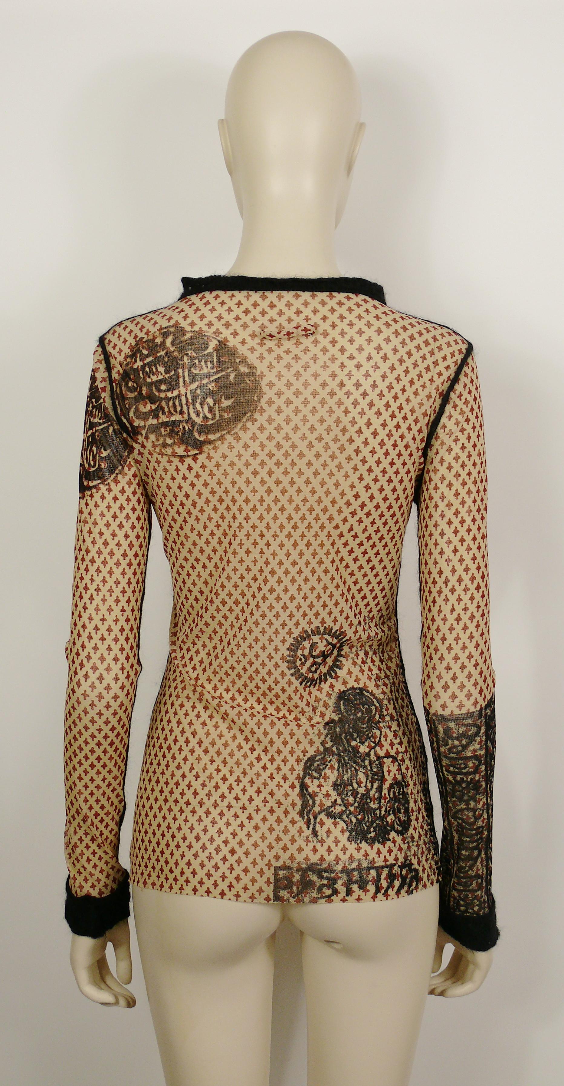 Brown Jean Paul Gaultier Vintage Oriental Tattoo Sheer Mesh Top For Sale