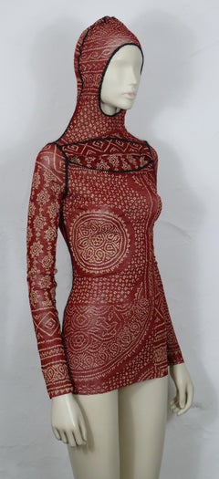 JEAN PAUL GAULTIER Vintage Oriental Tattoo Sheer Mesh Hooded Top Size L