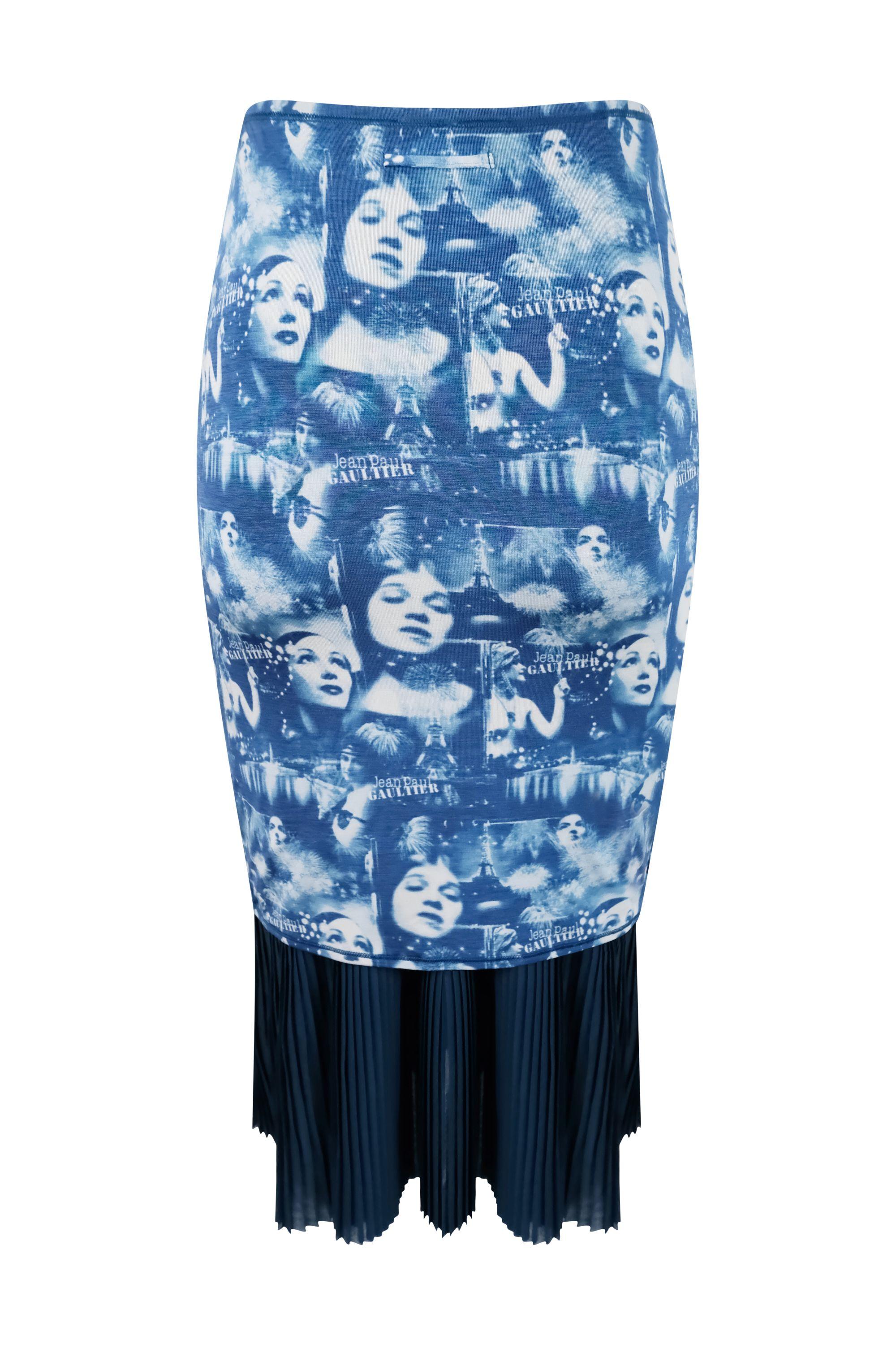 Blue Jean Paul Gaultier Vintage Parisian Print Pleated Hem Skirt