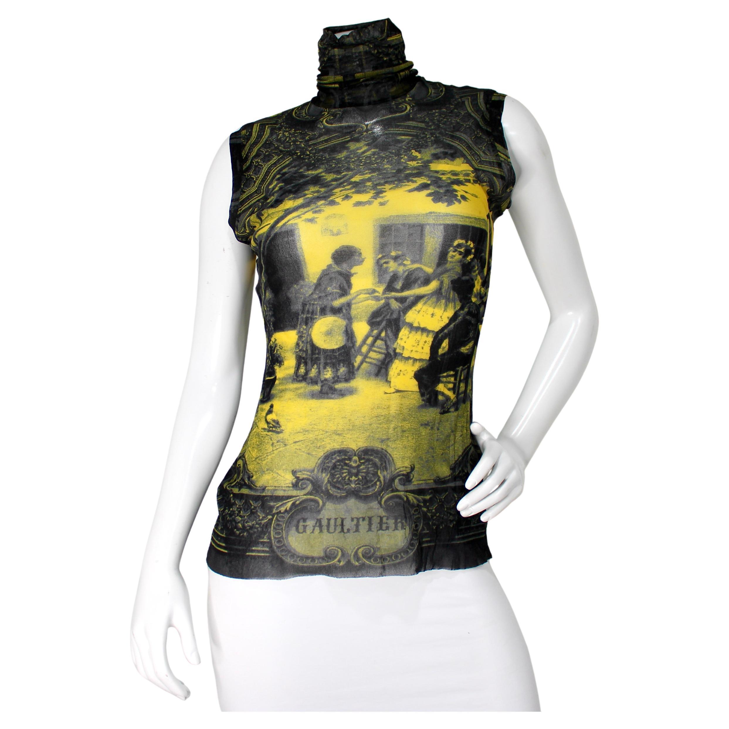 ヴィンテージ Jaen Paul GAULTIER メッシュタンクトップ Jean Paul Gaultier Vintage Sheer Mesh Punk Lady an Clock Print
