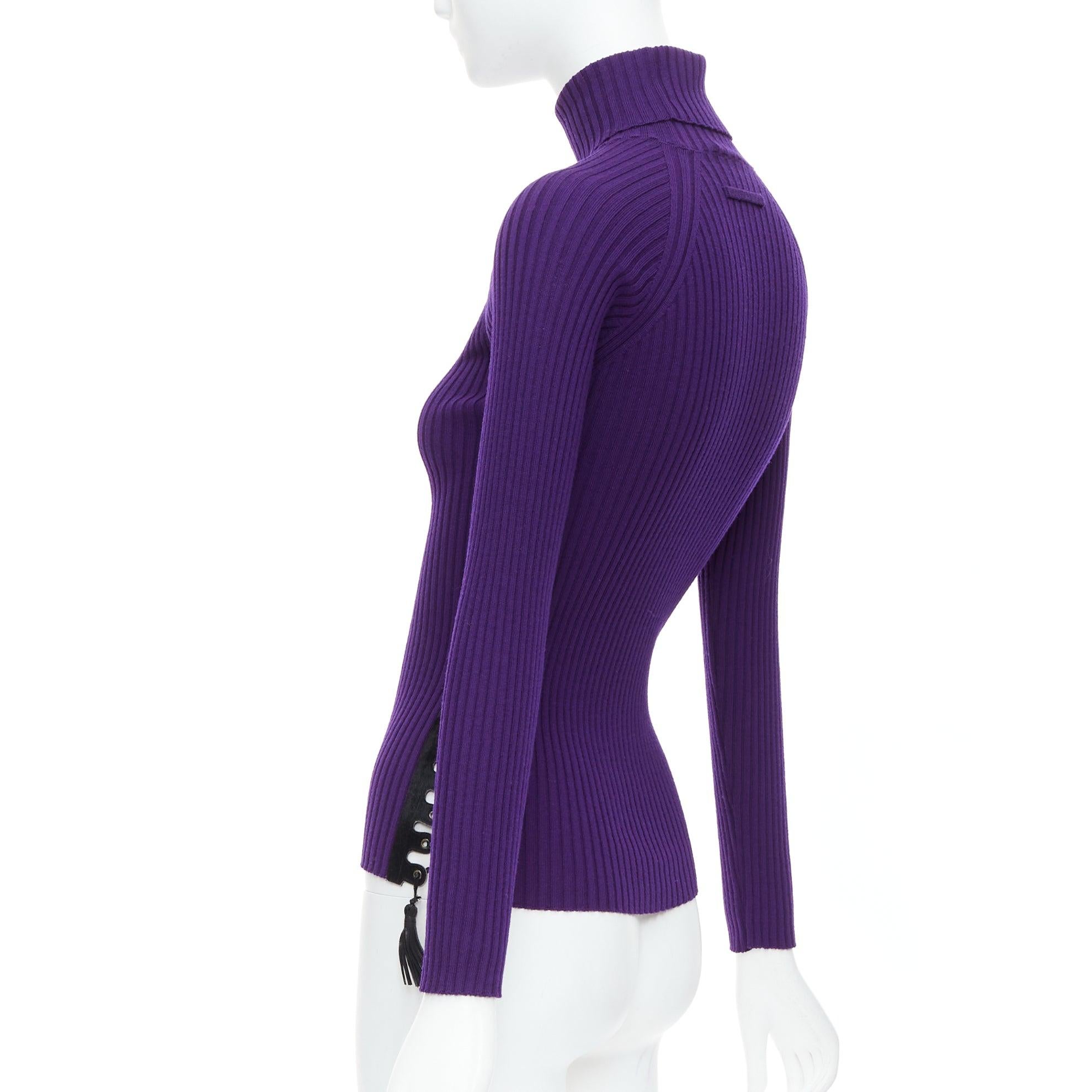 JEAN PAUL GAULTIER Vintage purple black lace up hem turtleneck sweater S 1