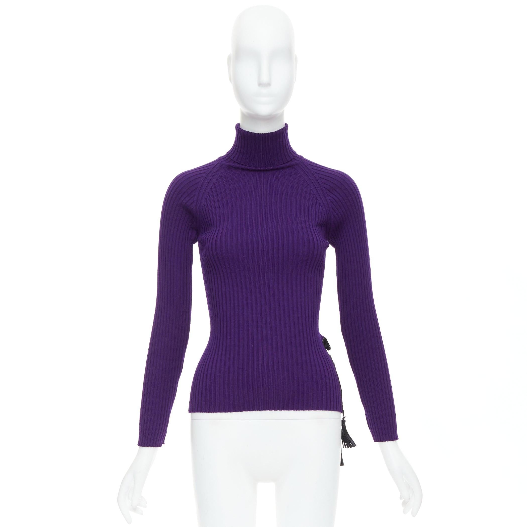 JEAN PAUL GAULTIER Vintage purple black lace up hem turtleneck sweater S 4