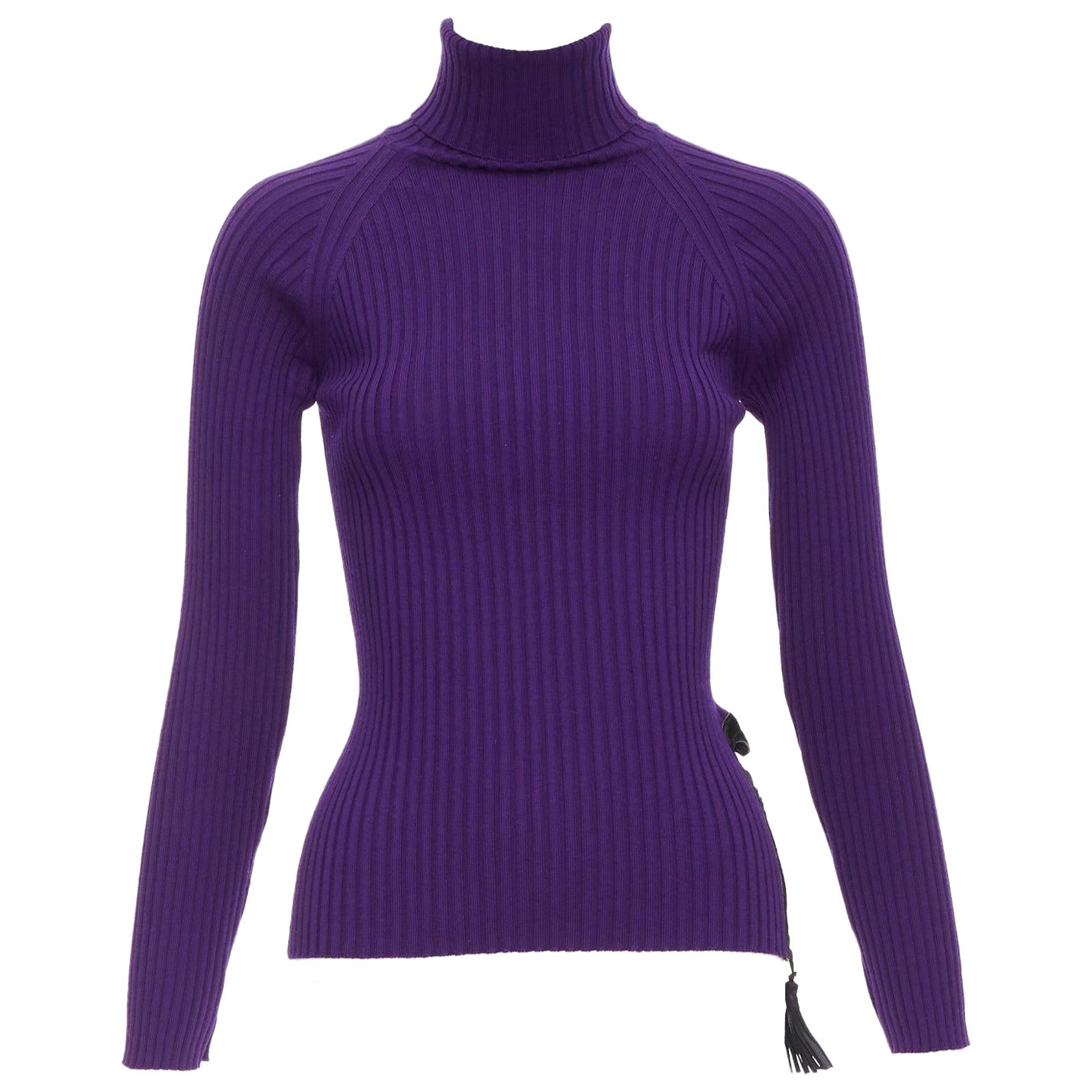 JEAN PAUL GAULTIER Vintage purple black lace up hem turtleneck sweater S