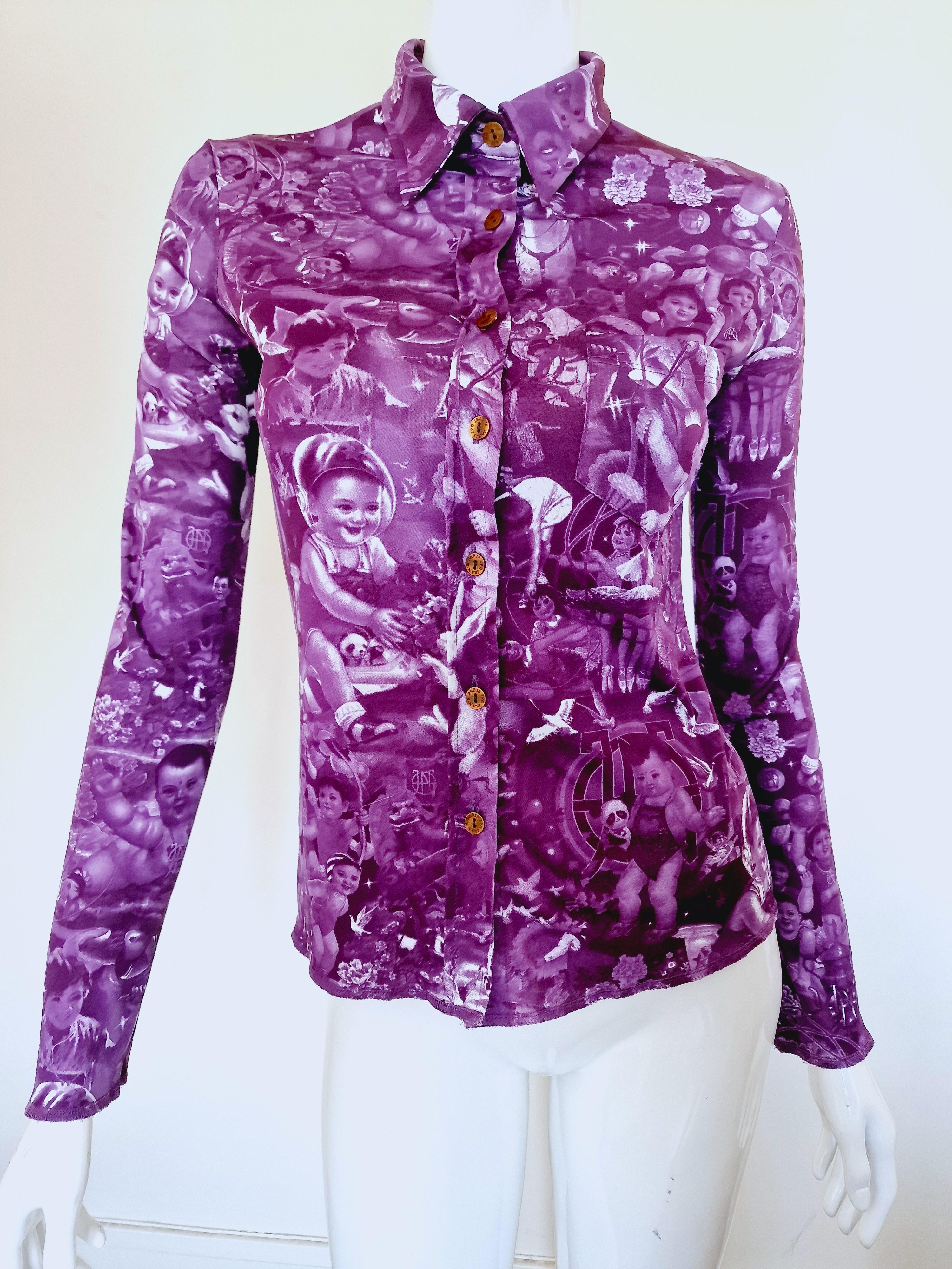 Jean Paul Gaultier Vintage Purple Chinese Children Baby Propagada Top Tee Shirt In Excellent Condition For Sale In PARIS, FR