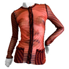 Jean Paul Gaultier Vintage Red Face Print Sheer Snap Front Cardigan
