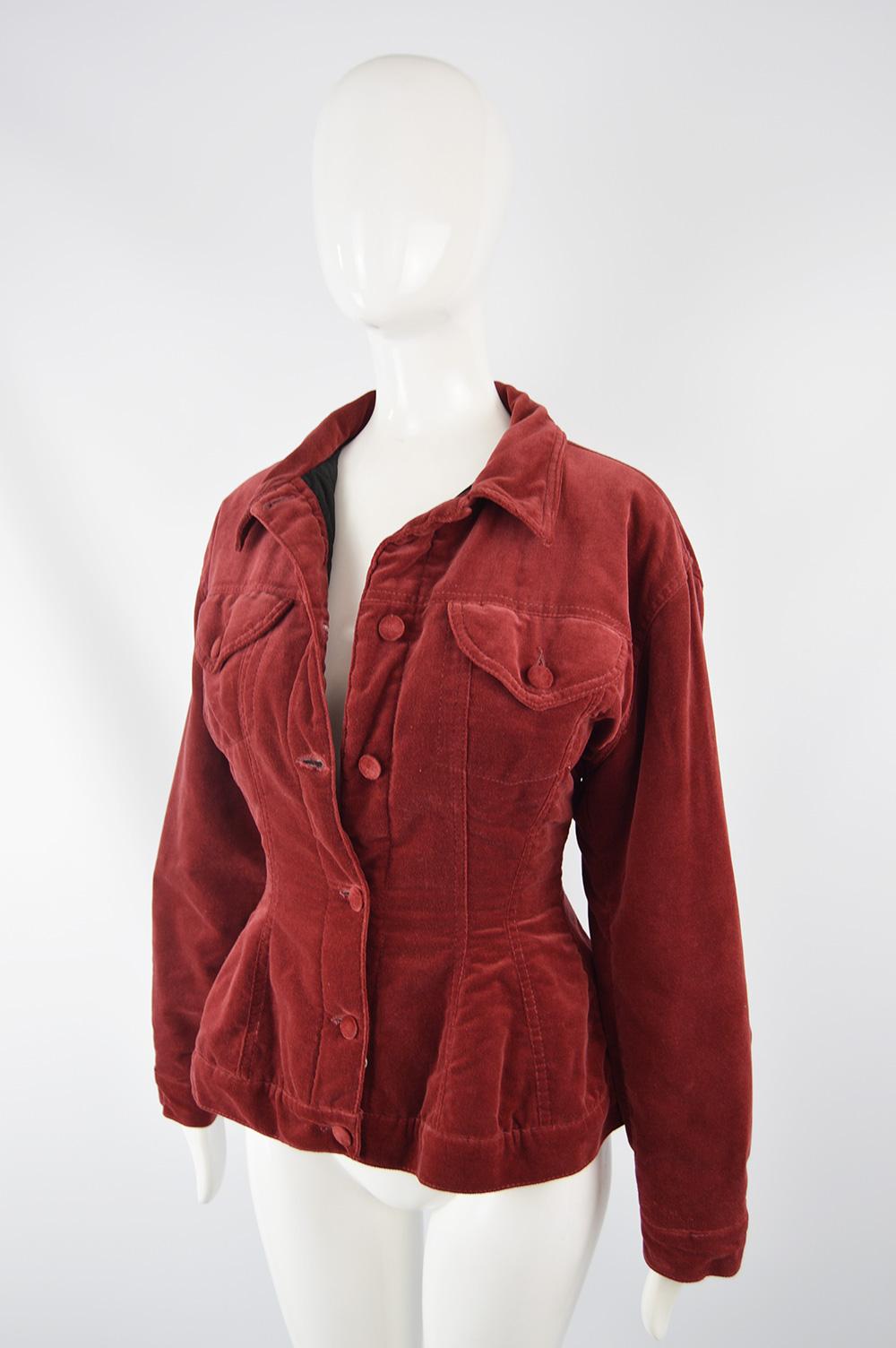 Jean Paul Gaultier Vintage Red Velvet Nipped Waist Jacket, 1980s In Good Condition For Sale In Doncaster, South Yorkshire