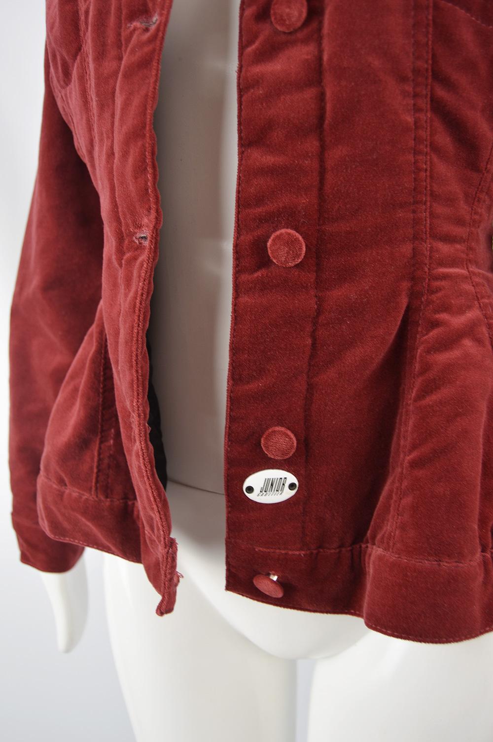 Women's Jean Paul Gaultier Vintage Red Velvet Nipped Waist Jacket, 1980s For Sale