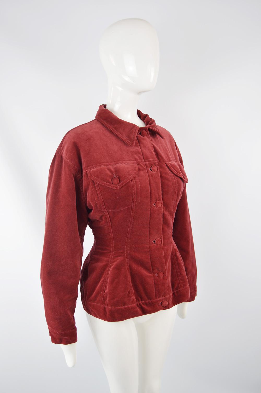 Jean Paul Gaultier Vintage Red Velvet Nipped Waist Jacket, 1980s For Sale 1