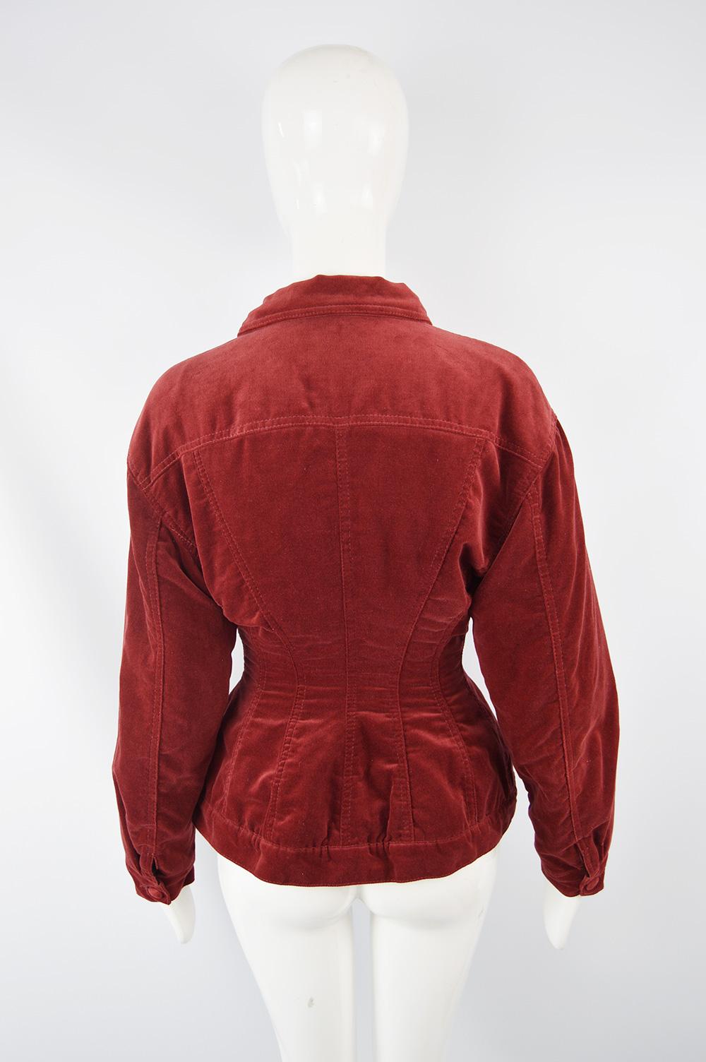 Jean Paul Gaultier Vintage Red Velvet Nipped Waist Jacket, 1980s For Sale 2
