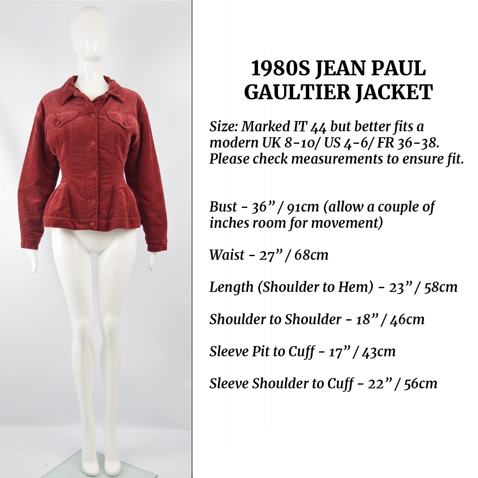 Jean Paul Gaultier Vintage Red Velvet Nipped Waist Jacket, 1980s For Sale 4