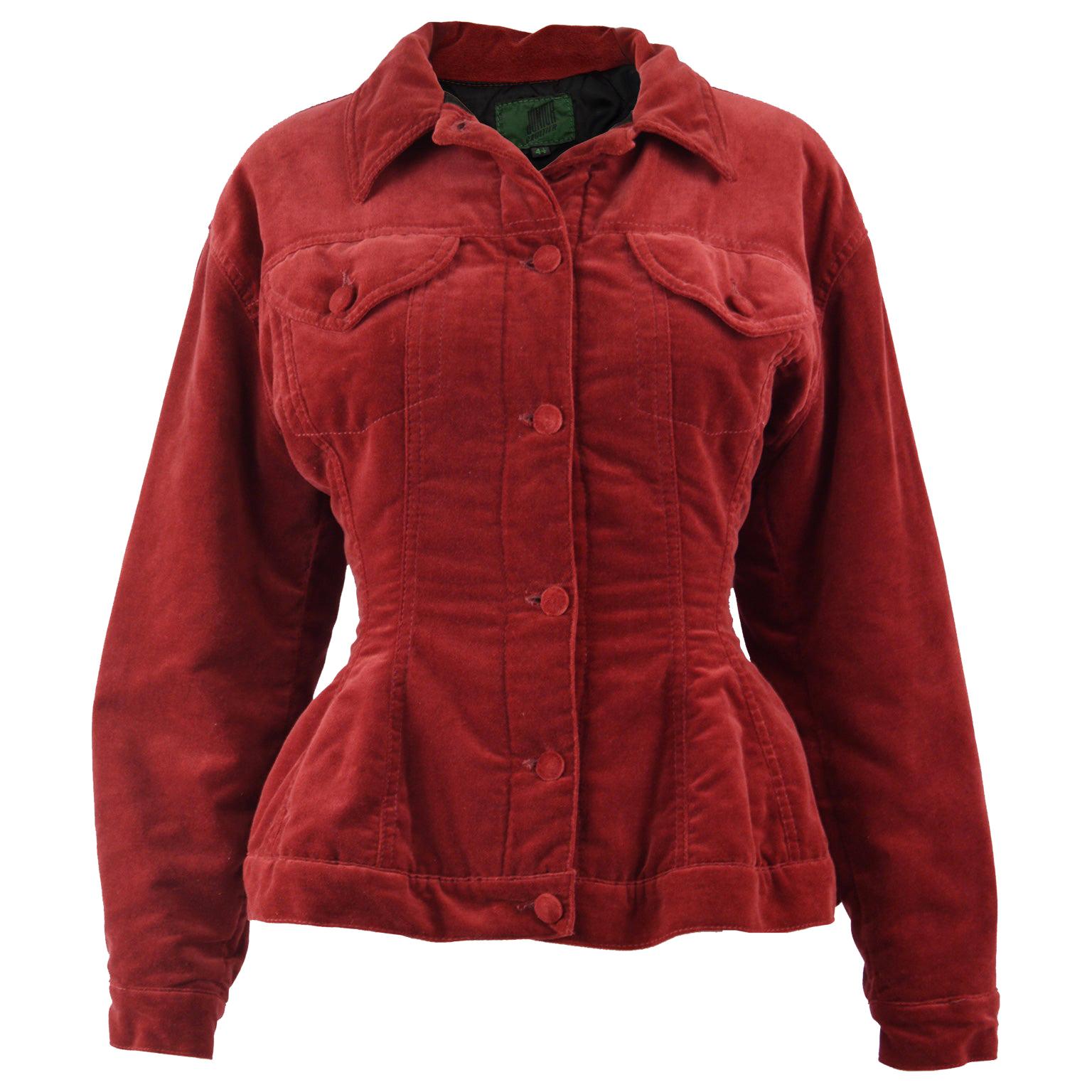 Jean Paul Gaultier Vintage Red Velvet Nipped Waist Jacket, 1980s For Sale