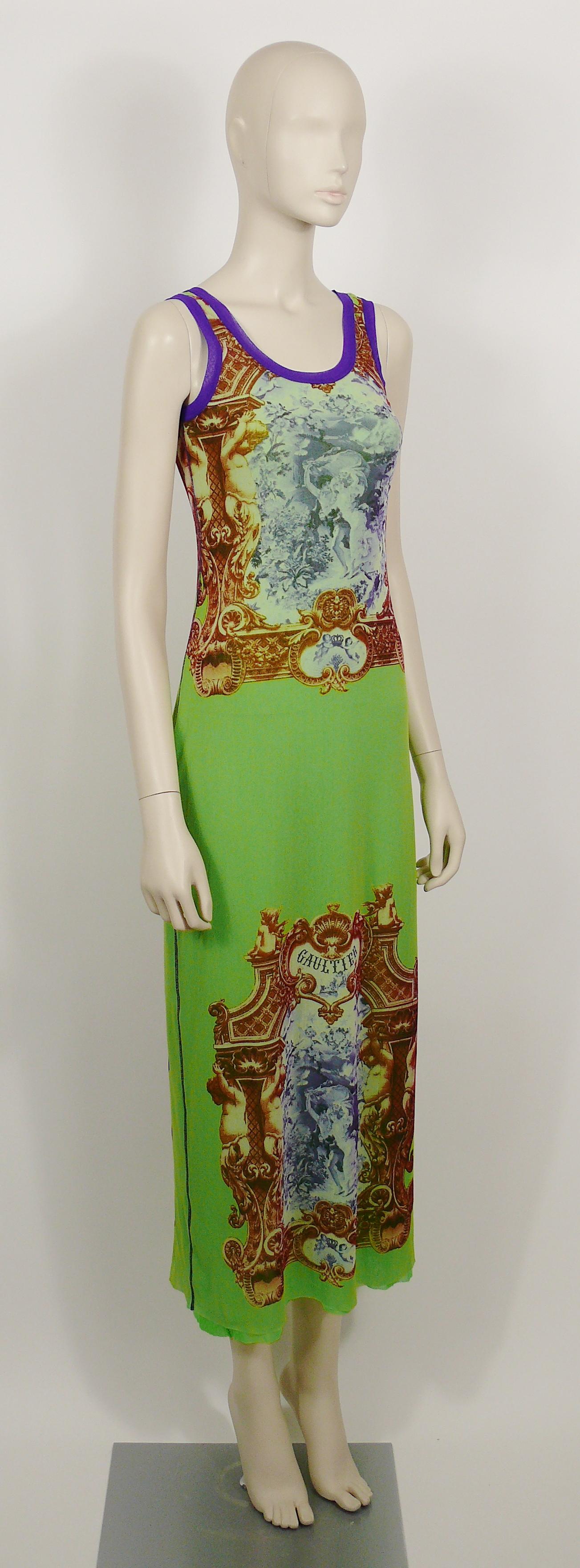 JEAN PAUL GAULTIER vintage Rococo print tank mesh dress in flashy colors featuring an opulent architectural decor with a romantic couple scene, cherubs, fauna and flora.

Slips on.
Integrated green mesh lining.

Label reads JEAN PAUL GAULTIER