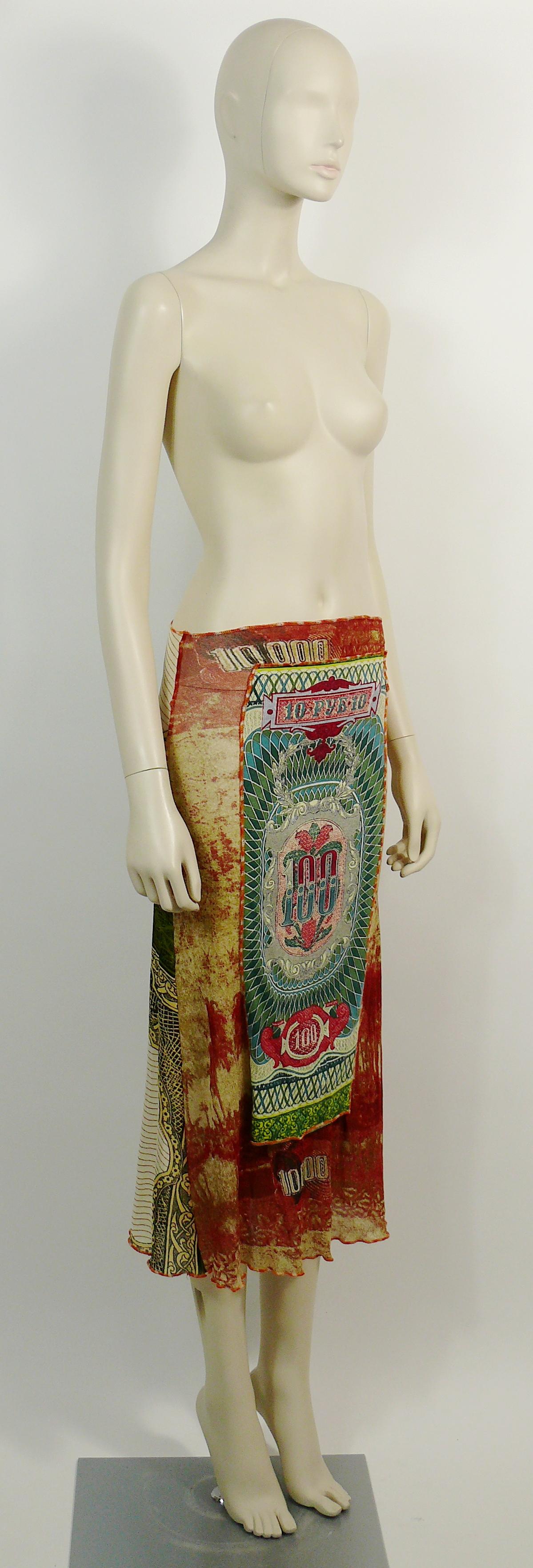 JEAN PAUL GAULTIER vintage skirt featuring a Russian rouble banknote print.

This skirt is made of sheer FUZZI nylon mesh with cotton panels at front and back.

Label reads JEAN PAUL GAULTIER Maille.
Made in Italy.

Size label reads : S.
Please
