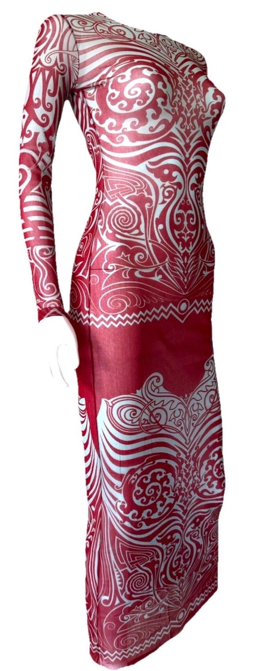 JEAN PAUL GAULTIER Vintage S/S 1996 Vestido de malla transparente con tatuaje tribal Cyberbaba Rosa en venta