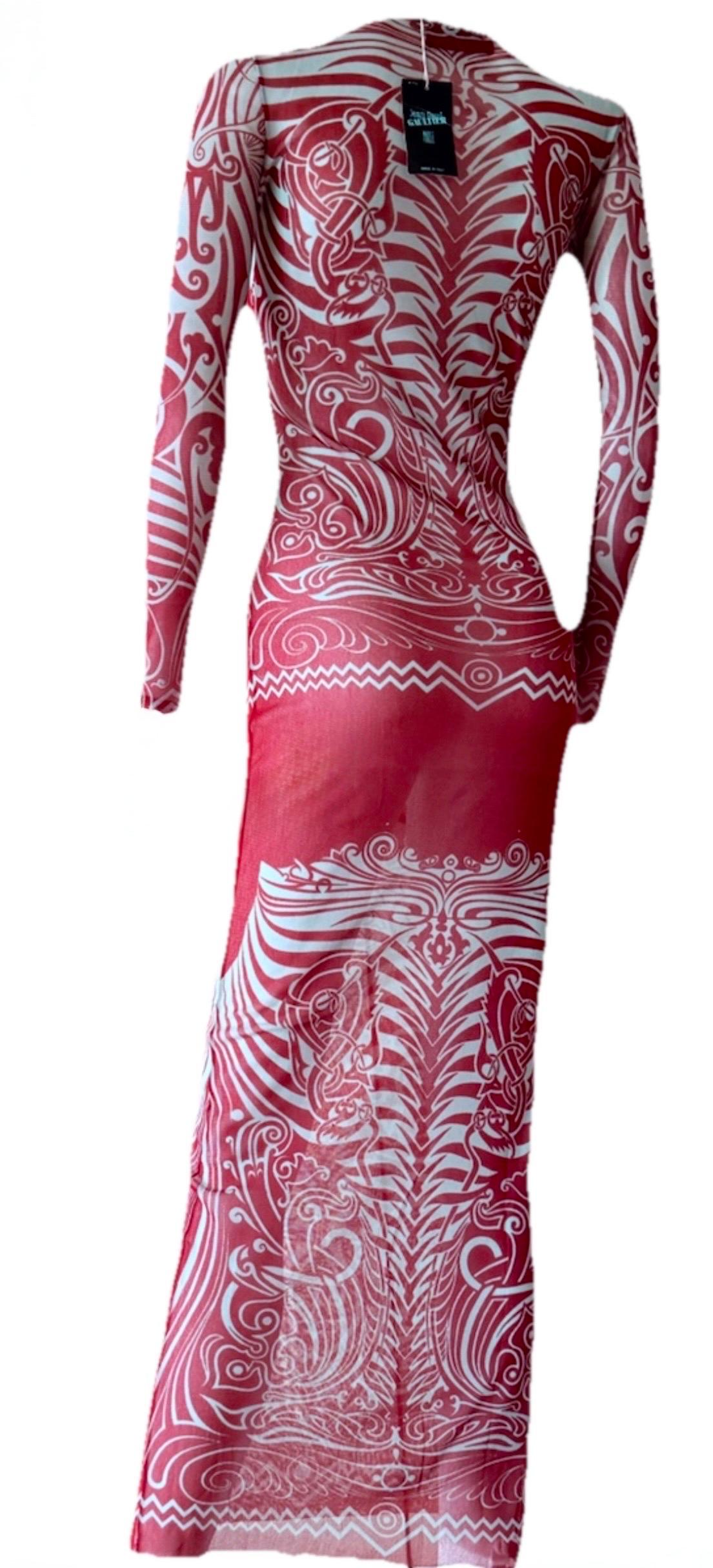 JEAN PAUL GAULTIER Vintage S/S 1996 Vestido de malla transparente con tatuaje tribal Cyberbaba en Bueno estado para la venta en Woodland Hills, CA