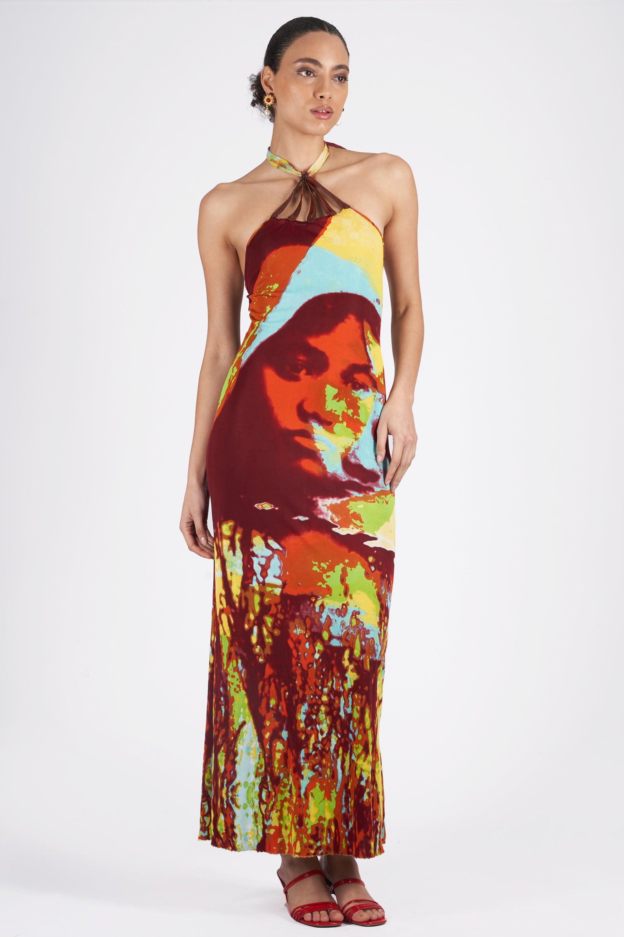 Brown Jean Paul Gaultier Vintage S/S 2000’s Runway Faces Halter Neck Dress