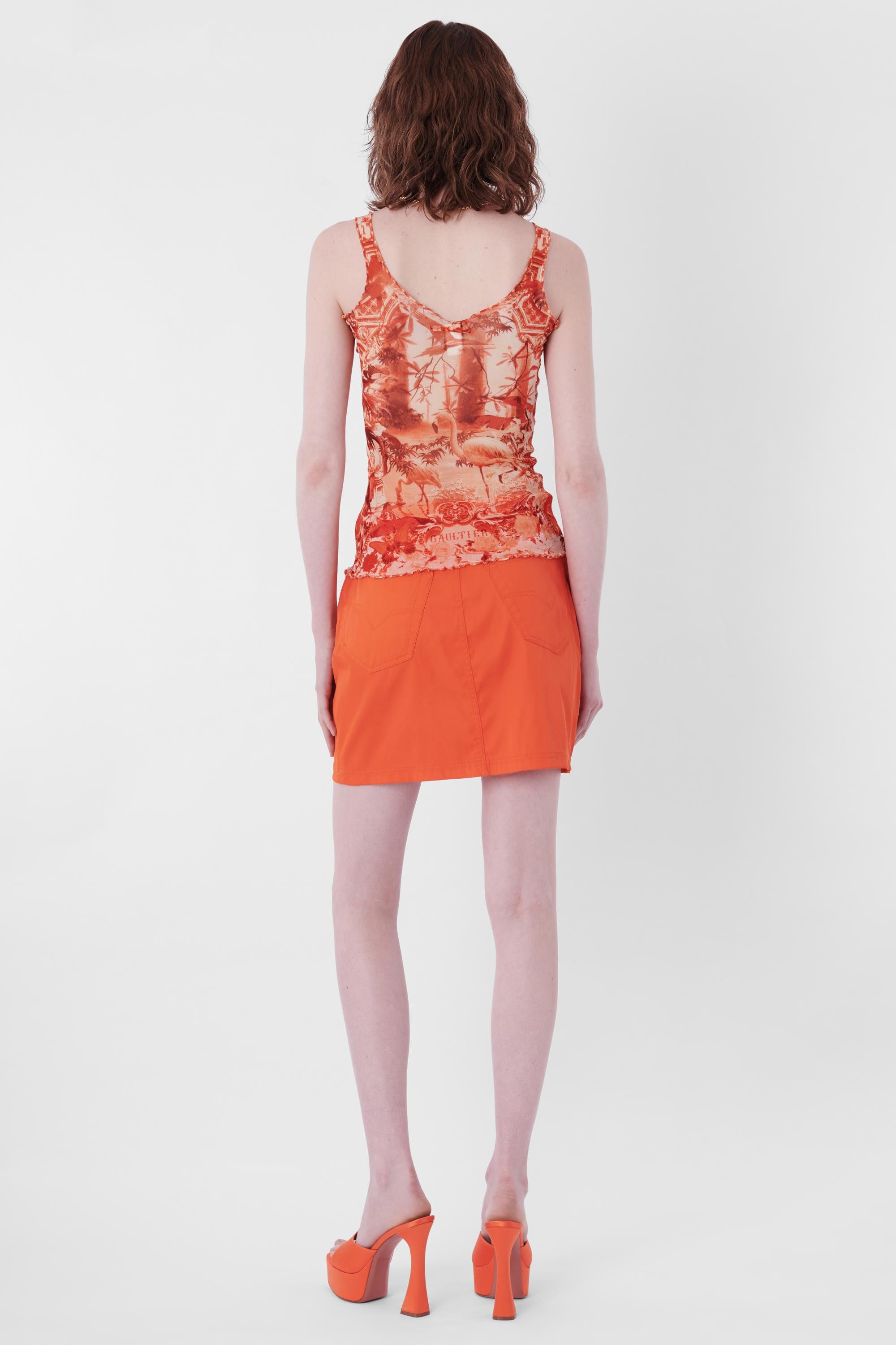 Women's or Men's Jean Paul Gaultier Vintage S/S 2002 Orange Flamingo Print Mesh Set For Sale