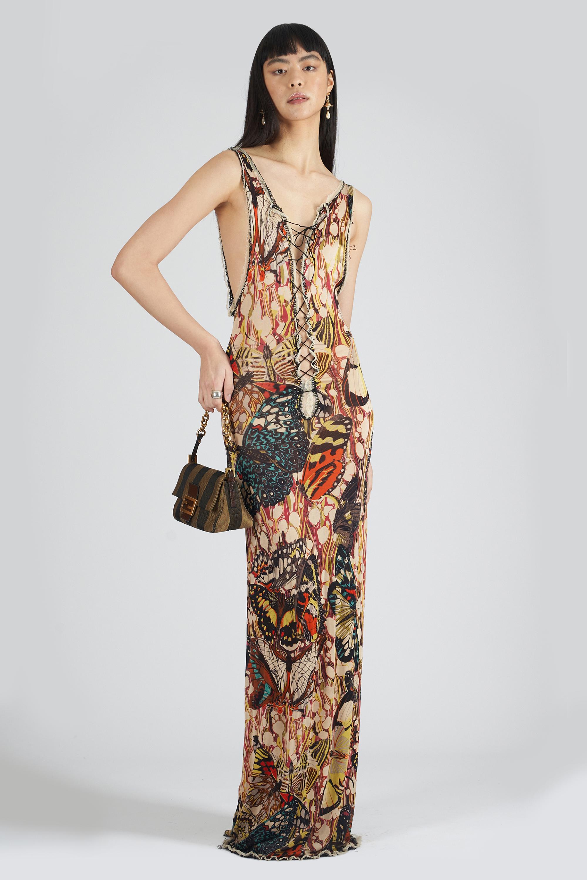 Jean Paul Gaultier Vintage S/S 2003 Maxi Vestido Mariposa Marrón
