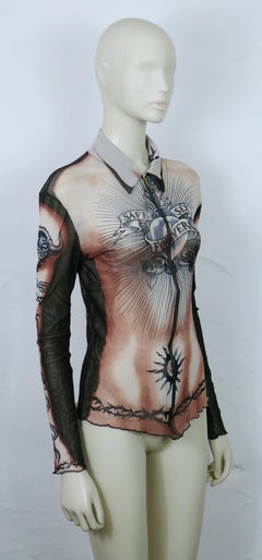 JEAN PAUL GAULTIER Vintage "SAFE SEX FOR EVER" Tattoo Sheer Mesh Shirt Size L