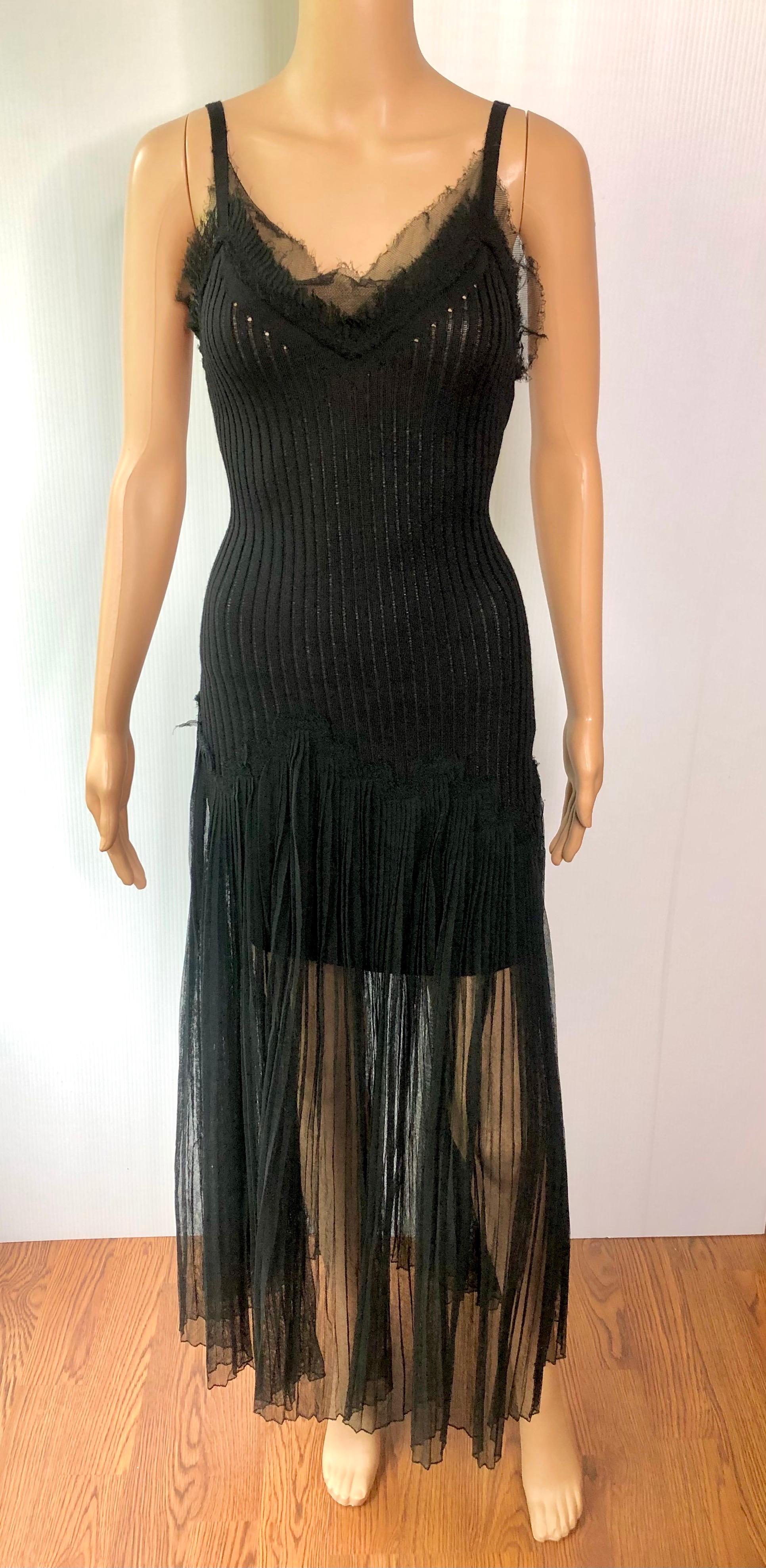 Jean Paul Gaultier Vintage Semi-Sheer Knit Mesh Raw Edges Detail Black Maxi Dress Taille M