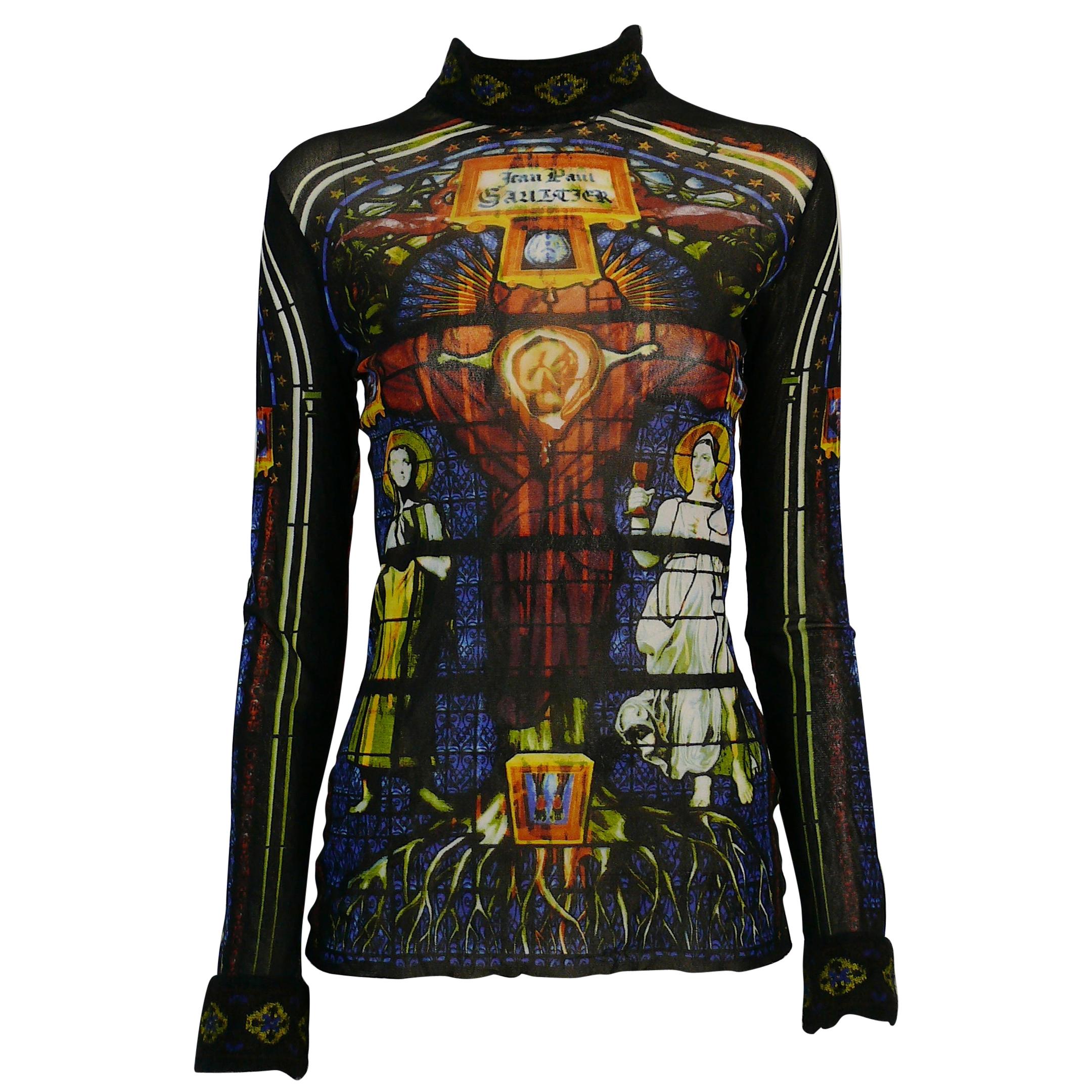 Jean Paul Gaultier Vintage Sheer Cathedral Stained Glass Tattoo Top Taille  L sur 1stDibs
