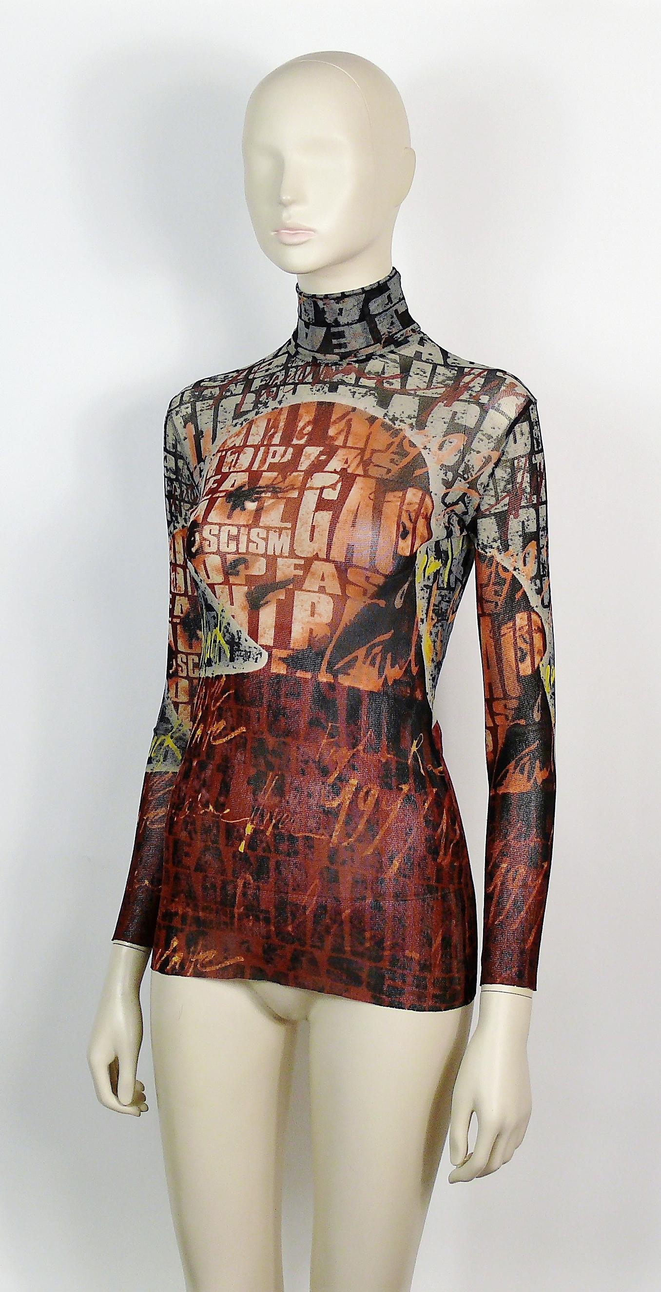 Brown Jean Paul Gaultier Vintage Sheer Mesh Optical Illusion Face Turtle Neck Top